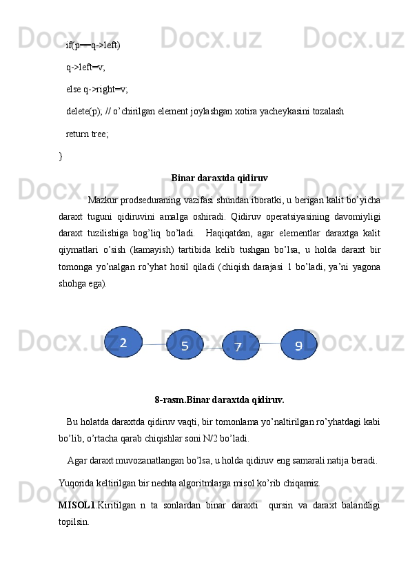if(p==q->left)
   q->left=v;
   else q->right=v;
   delete(p); // o’chirilgan element joylashgan xotira yacheykasini tozalash
   return tree;
}
Binar daraxtda qidiruv
               Mazkur prodseduraning vazifasi shundan iboratki, u berigan kalit bo’yicha
daraxt   tuguni   qidiruvini   amalga   oshiradi.   Qidiruv   operatsiyasining   davomiyligi
daraxt   tuzilishiga   bog’liq   bo’ladi.     Haqiqatdan,   agar   elementlar   daraxtga   kalit
qiymatlari   o’sish   (kamayish)   tartibida   kelib   tushgan   bo’lsa,   u   holda   daraxt   bir
tomonga   yo’nalgan   ro’yhat   hosil   qiladi   (chiqish   darajasi   1   bo’ladi,   ya’ni   yagona
shohga ega).
8-rasm.Binar daraxtda qidiruv.
   Bu holatda daraxtda qidiruv vaqti, bir tomonlama yo’naltirilgan ro’yhatdagi kabi
bo’lib, o’rtacha qarab chiqishlar soni N/2 bo’ladi.
    Agar daraxt muvozanatlangan bo’lsa, u holda qidiruv eng samarali natija beradi.
Yuqorida keltirilgan bir nechta algoritmlarga misol ko’rib chiqamiz.
MISOL1 .Kiritilgan   n   ta   sonlardan   binar   daraxti     qursin   va   daraxt   balandligi
topilsin.