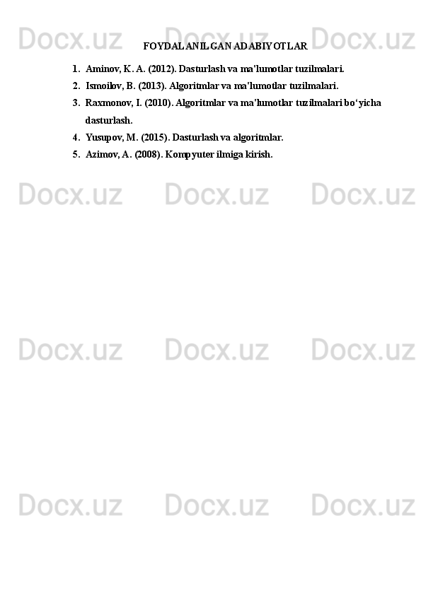 FOYDALANILGAN ADABIYOTLAR
1. Aminov, K. A. (2012). Dasturlash va ma'lumotlar tuzilmalari.
2. Ismoilov, B. (2013). Algoritmlar va ma'lumotlar tuzilmalari.
3. Raxmonov, I. (2010). Algoritmlar va ma'lumotlar tuzilmalari bo‘yicha 
dasturlash.
4. Yusupov, M. (2015). Dasturlash va algoritmlar.
5. Azimov, A. (2008). Kompyuter ilmiga kirish.