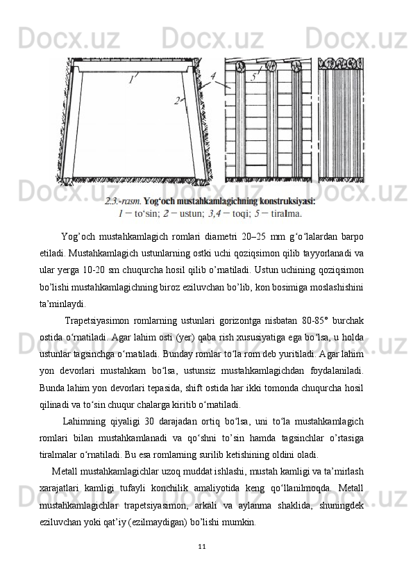           Yog’och   mustahkamlagich   romlari   diametri   20–25   mm   g o lalardan   barpoʻ ʻ
etiladi. Mustahkamlagich ustunlarning ostki uchi qoziqsimon qilib tayyorlanadi va
ular yerga 10-20 sm chuqurcha hosil qilib o’rnatiladi. Ustun uchining qoziqsimon
bo’lishi mustahkamlagichning biroz eziluvchan bo’lib, kon bosimiga moslashishini
ta’minlaydi.
            Trapetsiyasimon   romlarning   ustunlari   gorizontga   nisbatan   80-85°   burchak
ostida o rnatiladi. Agar lahim osti (yer) qaba rish xususiyatiga ega bo lsa, u holda	
ʻ ʻ
ustunlar tagsinchga o rnatiladi. Bunday romlar to la rom deb yuritiladi. Agar lahim	
ʻ ʻ
yon   devorlari   mustahkam   bo lsa,   ustunsiz   mustahkamlagichdan   foydalaniladi.	
ʻ
Bunda lahim yon devorlari tepasida, shift ostida har ikki tomonda chuqurcha hosil
qilinadi va to sin chuqur chalarga kiritib o rnatiladi.	
ʻ ʻ
          Lahimning   qiyaligi   30   darajadan   ortiq   bo lsa,   uni   to la   mustahkamlagich	
ʻ ʻ
romlari   bilan   mustahkamlanadi   va   qo shni   to’sin   hamda   tagsinchlar   o’rtasiga	
ʻ
tiralmalar o rnatiladi. Bu esa romlarning surilib ketishining oldini oladi.	
ʻ
     Metall mustahkamlagichlar uzoq muddat ishlashi, mustah kamligi va ta’mirlash
xarajatlari   kamligi   tufayli   konchilik   amaliyotida   keng   qo llanilmoqda.   Metall	
ʻ
mustahkamlagichlar   trapetsiyasimon,   arkali   va   aylanma   shaklida,   shuningdek
eziluvchan yoki qat’iy (ezilmaydigan) bo’lishi mumkin. 
11 