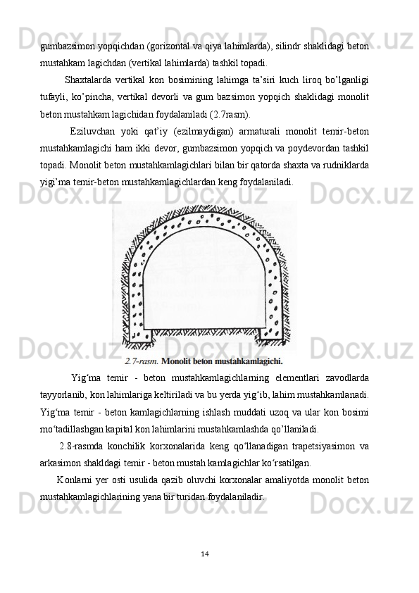 gumbazsimon yopqichdan (gorizontal va qiya lahimlarda), silindr shaklidagi beton
mustahkam lagichdan (vertikal lahimlarda) tashkil topadi. 
            Shaxtalarda   vertikal   kon   bosimining   lahimga   ta’siri   kuch   liroq   bo’lganligi
tufayli,   ko’pincha,   vertikal   devorli   va   gum   bazsimon   yopqich   shaklidagi   monolit
beton mustahkam lagichidan foydalaniladi (2.7rasm).
          Eziluvchan   yoki   qat’iy   (ezilmaydigan)   armaturali   monolit   temir-beton
mustahkamlagichi ham ikki devor, gumbazsimon yopqich va poydevordan tashkil
topadi. Monolit beton mustahkamlagichlari bilan bir qatorda shaxta va rudniklarda
yigi’ma temir-beton mustahkamlagichlardan keng foydalaniladi.
          Yig ma   temir   -   beton   mustahkamlagichlarning   elementlari   zavodlardaʻ
tayyorlanib, kon lahimlariga keltiriladi va bu yerda yig ib, lahim mustahkamlanadi.	
ʻ
Yig ma   temir   -   beton   kamlagichlarning   ishlash   muddati   uzoq   va  ular   kon   bosimi	
ʻ
mo tadillashgan kapital kon lahimlarini mustahkamlashda qo’llaniladi.
ʻ
        2.8-rasmda   konchilik   korxonalarida   keng   qo llanadigan   trapetsiyasimon   va	
ʻ
arkasimon shakldagi temir - beton mustah kamlagichlar ko rsatilgan.	
ʻ
         Konlarni  yer   osti   usulida  qazib oluvchi   korxonalar   amaliyotda monolit   beton
mustahkamlagichlarining yana bir turidan foydalaniladir.
14 