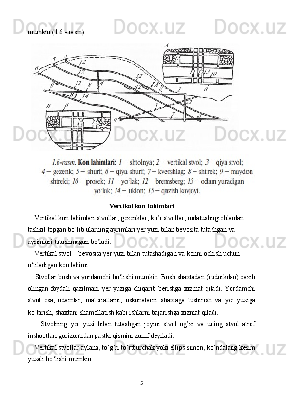 mumkin (1.6 - rasm).
Vertikal kon lahimlari
    Vertikal kon lahimlari stvollar, gezenklar, ko’r stvollar, rudatushirgichlardan 
tashkil topgan bo’lib ularning ayrimlari yer yuzi bilan bevosita tutashgan va 
ayrimlari tutashmagan bo’ladi.
    Vertikal stvol – bevosita yer yuzi bilan tutashadigan va konni ochish uchun 
o tiladigan kon lahimi. ʻ
    Stvollar bosh va yordamchi bo lishi mumkin. Bosh shaxtadan (rudnikdan) qazib	
ʻ
olingan   foydali   qazilmani   yer   yuziga   chiqarib   berishga   xizmat   qiladi.   Yordamchi
stvol   esa,   odamlar,   materiallarni,   uskunalarni   shaxtaga   tushirish   va   yer   yuziga
ko’tarish, shaxtani shamollatish kabi ishlarni bajarishga xizmat qiladi.
        Stvolning   yer   yuzi   bilan   tutashgan   joyini   stvol   og’zi   va   uning   stvol   atrof
inshootlari gorizontidan pastki qismini zumf deyiladi.
    Vertikal stvollar aylana, to’g’ri to’rtburchak yoki ellips simon, ko’ndalang kesim
yuzali bo lishi mumkin.	
ʻ
5 