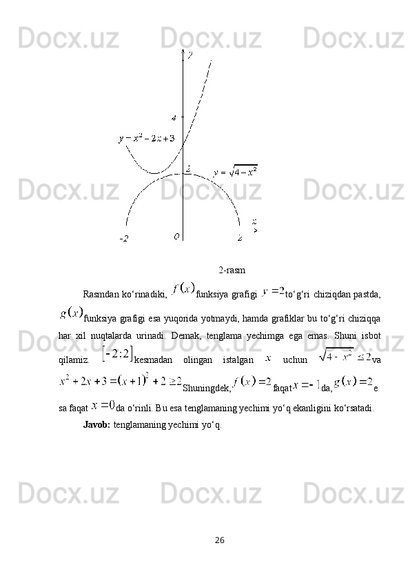 2-rasm
Rasmdan ko‘rinadiki,   funksiya grafigi   to‘g‘ri chiziqdan pastda,
funksiya grafigi esa yuqorida yotmaydi, hamda grafiklar bu to‘g‘ri chiziqqa
har   xil   nuqtalarda   urinadi.   Demak,   tenglama   yechimga   ega   emas.   Shuni   isbot
qilamiz.   kesmadan   olingan   istalgan     uchun   va
Shuningdek, faqat da, e
sa faqat  da o‘rinli. Bu esa tenglamaning yechimi yo‘q ekanligini ko‘rsatadi.
Javob:  tenglamaning yechimi yo‘q.
26