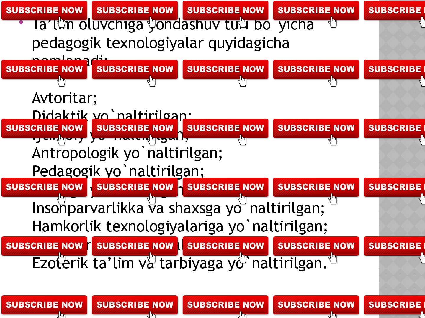 ТАЪЛИМ  ТЕХНОЛОГИЯСИ: 

    бу мавжуд шароит ва ўрнатилган вақтда 
белгиланган таълимий мақсад ва кўзланаётган 
натижаларга кафолатли эришишни воситали 
таъминловчи,  мулоқот, ахборот, бошқарув ва 
ўқитишнинг   энг қулай йўл ва воситаларининг 
тартибли йиғиндиси  (таълим бериш 
технологиясининг жараён-баёнли жиҳати);

  бу мавжуд юзага келган таълимий жараён 
субъектларининг ҳамкорий ҳаракатлари, ҳақиқий 
жараён (таълим бериш технологиясининг амалий-
жараён жиҳати ) тартиби. 
19  