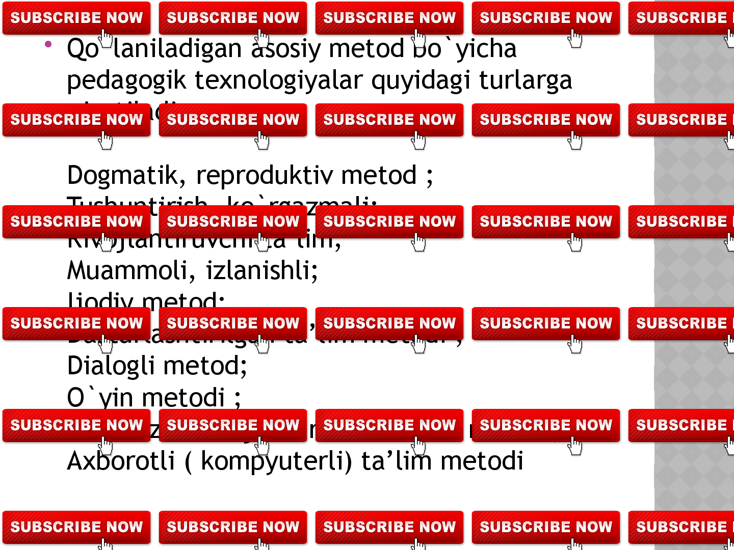 “ ЎҚИТИШ ТЕХНОЛОГИЯСИ”

  “ Ўқитиш технологияси”  – бу  “ўз олдига 
таълим шаклларини мақбуллаштириш 
вазифасини қўювчи, техник ва инсоний 
манбаларни (ресурсларни) ва уларнинг 
ўзаро ҳаракатини ҳисобга олган ҳолда 
таълим бериш ва билимларни ўзлаштириш 
жараёнларини аниқлаш ва қўллашни 
яратувчи тизимли усулдир” (ЮНЕСКО).
20  