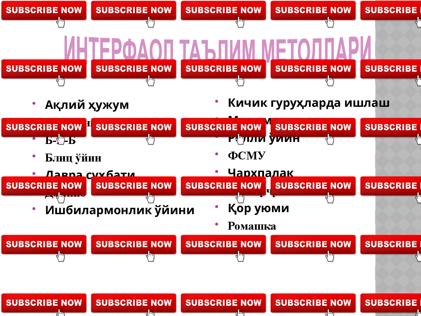 
Hozirda mavjud bo`lgan pedagogik 
texnologiyalarni bir qancha belgilariga qarab 
turlarga ajratiladi. Bu belgilar haqida gapirishdan 
oldin shuni eslatib o`tishimiz kerakki, pedagogik 
texnologiya doimo kompleks xarakterga ega 
bo`lib, u faqat bittagina omildan, metoddan, 
tamoildan foydalanmaydi. Ya’ni quyida 
keltiriladigan turlarigagina xos bo`lgan 
monotexnologiyalar aslida mavjud emas. Lekin 
har bir pedagogik texnologiyada asosiy e’tibor 
ta’lim jarayonining u yoki bu tomoniga qaratilishi 
natijasida ularni shu belgilari bo`yicha turlarga 
ajratiladi:
22  