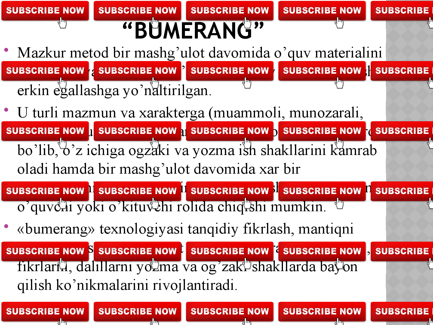 
Bundan tashqari shaxsning xususiyat va sifatlari 
tarkibiga yo`naltirilganlik bo`yicha pedagogik 
texnologiyalar quyidagi turlarga ajratiladi:
Fanlar bo`yicha bilim, ko`nikmalarni shakllantirishga 
yo`naltirilgan – axborot texnologiyalar; 
Aqliy faoliyat usullarini shakllantirishga yo`naltirilgan 
– operatsion texnologiyalari ; 
Estetik va axloqiy munosabatlar sohasini 
shakllantirishga yo`naltirilgan emotsional- badiiy va 
emotsional axloqiy texnologiyalar; 
Shaxsning o`z-o`zini rivojlantirish mexanizmlarini 
shakllantirishga yo`naltirilgan  o`z-o`zini rivojlantirish 
texnologiyalari; 
Ijodiy qobiliyatlarini rivojlantirishga yo`naltirilgan –
evristik texnologiyalar;  
Amaliy faoliyat sohasini rivojlantirishga yo`naltirilgan 
amaliy texnologiyalar.
  28