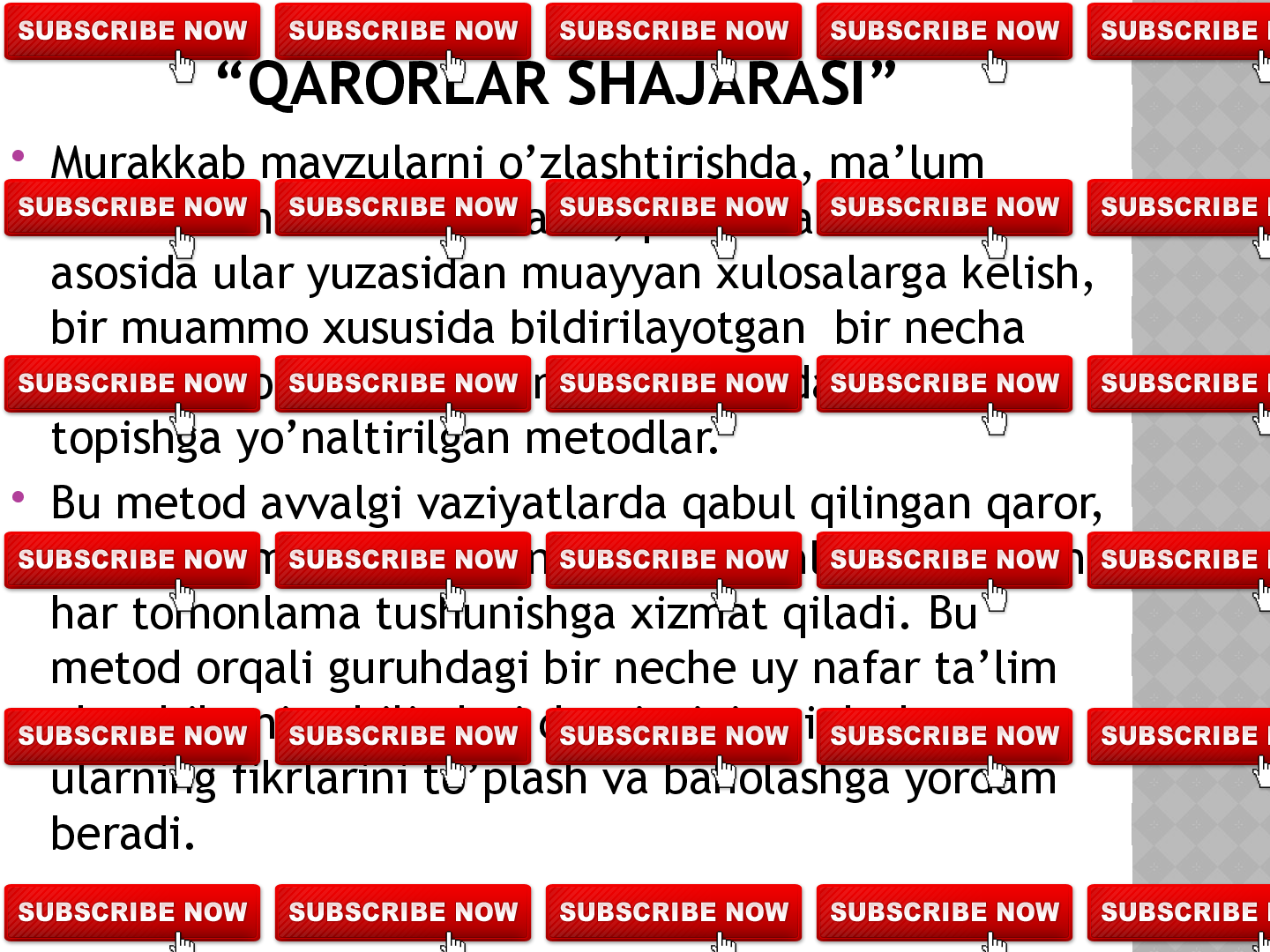 
Елпиғич

Синквейн

Сўнги сўзни менга қолдиринг

Пинборд

Венн диаграммаси

Лойиҳа 

Бахс-мунозара 

Инсерт

Кластер

Балиқ скилети  