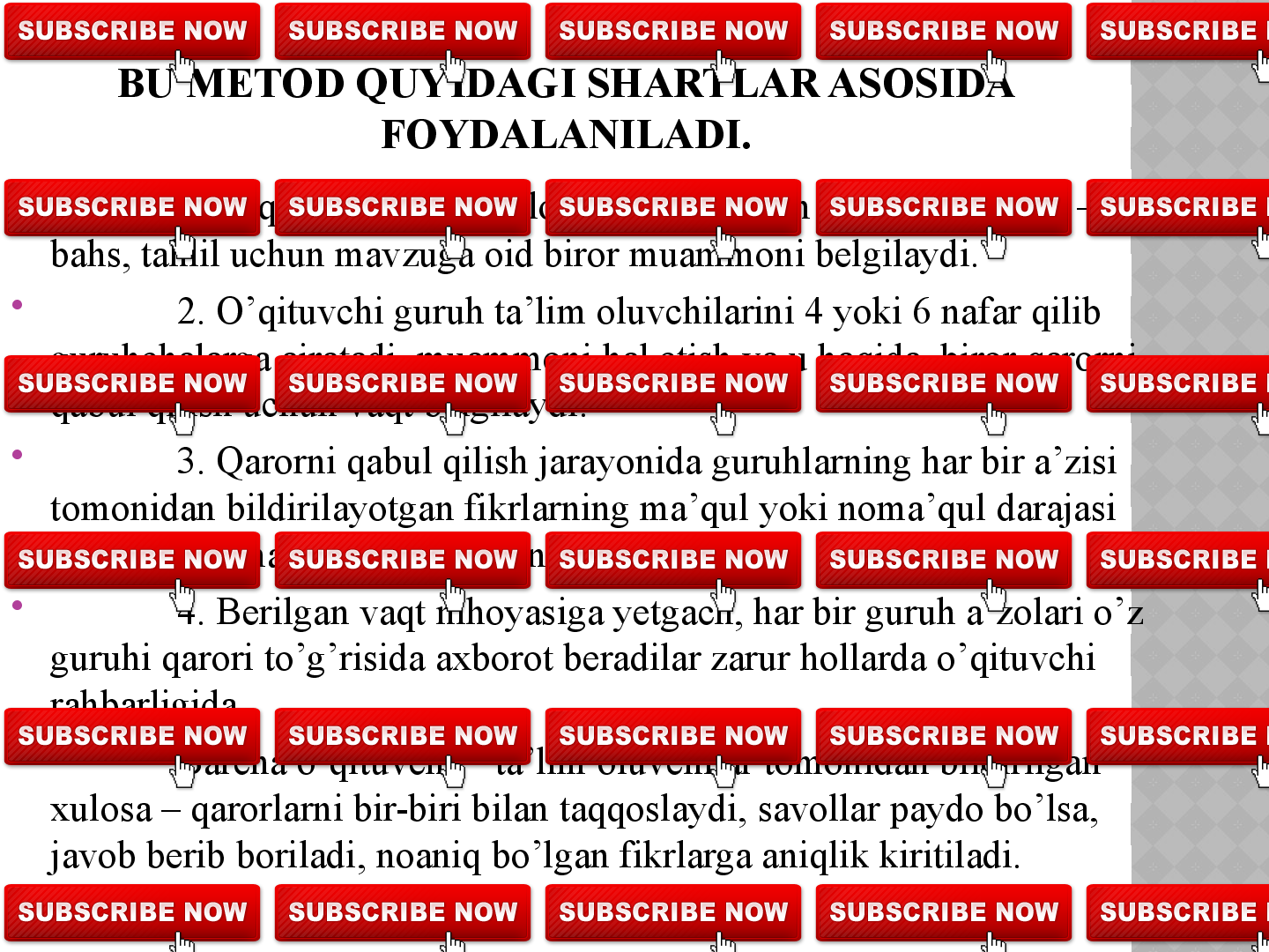 I ntеraktiv usullar
«Aqliy hujum »
Maqsadi:   Muayyan mavzu bo’yicha turli fikrlarni yig’ish.
Afzalliklari:  
O’quvchilar tomonidan darsni 
o’zlashtirish darajasini aniqlash  
maqsadida qo’llash mumkin.
Muammoni  vaziyatlarda,   fikr  
almashishda,  yangi  fikrlarni  yuzaga  
kеltirishda qo’llash mumkin.
O’quvchilarni jalb qilinishi darajasini 
oshiradi.  
Dars boshida "enеrgеtik " ta'sir 
ko’rsatadi. Kamchiliklari:
Dars mavzusi bilan bog’liqlik 
bo’lmagan vaqtda "Aqliy 
hujum" vaqtni bеkorga 
sarflashi mumkin  
O’quvchilar tomonidan 
noma'qul fikrning aytilishi, 
ularning kеyingi muhokamada 
ishtirok etishidan 
uzoqlashtirishi mumkin.