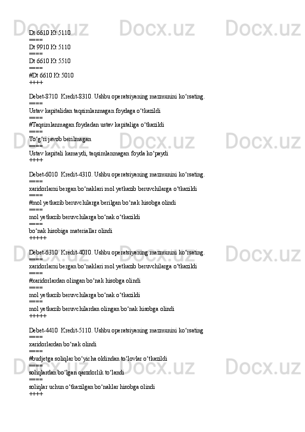 Dt 6610 Kt 5110 
====
Dt 9910 Kt 5110 
====
Dt 6610 Kt 5510 
====
# Dt 6610 Kt 5010 
++++
Debet-8710  Kredit-8310. Ushbu operatsiyaning mazmunini ko‘rsating.
====
Ustav kapitalidan taqsimlanmagan foydaga o‘tkazildi
====
#Taqsimlanmagan foydadan ustav kapitaliga o‘tkazildi
====
To‘g‘ri javob berilmagan
====
Ustav kapitali kamaydi, taqsimlanmagan foyda ko‘paydi
++++
Debet-6010  Kredit-4310. Ushbu operatsiyaning mazmunini ko‘rsating.
====
xaridorlarni bergan bo‘naklari mol yetkazib beruvchilarga o‘tkazildi
====
#mol yetkazib beruvchilarga berilgan bo‘nak hisobga olindi
====
mol yetkazib beruvchilarga bo‘nak o‘tkazildi
====
bo‘nak hisobiga materiallar olindi
+++++
Debet-6310  Kredit-4010. Ushbu operatsiyaning mazmunini ko‘rsating.
====
xaridorlarni bergan bo‘naklari mol yetkazib beruvchilarga o‘tkazildi
====
#xaridorlardan olingan bo‘nak hisobga olindi
====
mol yetkazib beruvchilarga bo‘nak o‘tkazildi
====
mol yetkazib beruvchilardan olingan bo‘nak hisobga olindi
+++++
Debet-4410  Kredit-5110. Ushbu operatsiyaning mazmunini ko‘rsating
====
xaridorlardan bo‘nak olindi
====
#budjetga soliqlar bo‘yicha oldindan to‘lovlar o‘tkazildi
====
soliqlardan bo‘lgan qarzdorlik to‘landi
====
soliqlar uchun o‘tkazilgan bo‘naklar hisobga olindi
++++