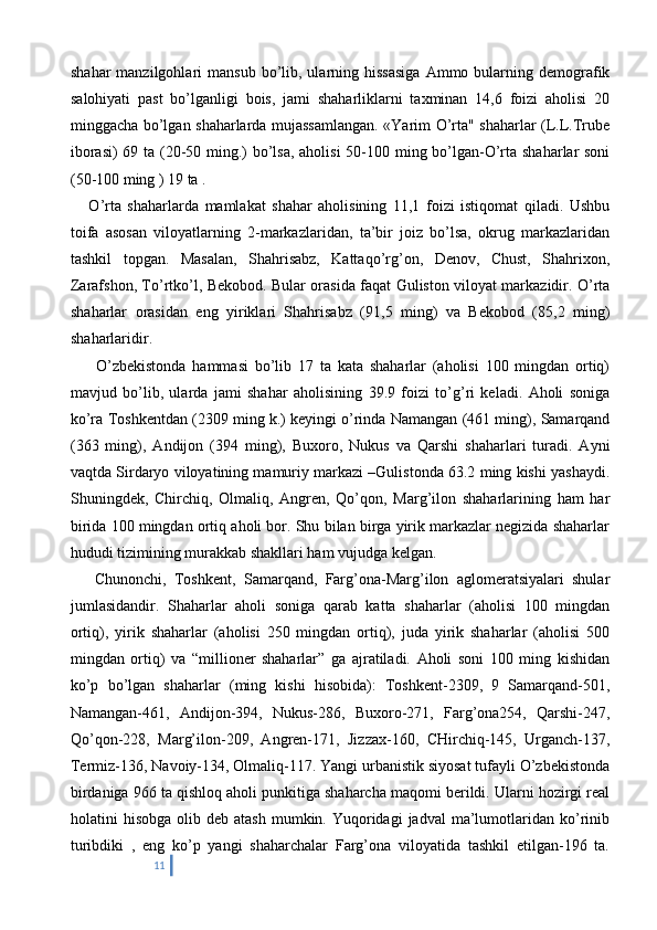 shahar  manzilgohlari   mansub  bo’lib,  ularning  hissasiga  Ammo  bularning  demografik
salohiyati   past   bo’lganligi   bois,   jami   shaharliklarni   taxminan   14,6   foizi   aholisi   20
minggacha bo’lgan shaharlarda mujassamlangan. «Yarim O’rta" shaharlar (L.L.Trube
iborasi)  69 ta (20-50 ming.)  bo’lsa, aholisi  50-100 ming bo’lgan-O’rta shaharlar soni
(50-100 ming ) 19 ta . 
      O’rta   shaharlarda   mamlakat   shahar   aholisining   11,1   foizi   istiqomat   qiladi.   Ushbu
toifa   asosan   viloyatlarning   2-markazlaridan,   ta’bir   joiz   bo’lsa,   okrug   markazlaridan
tashkil   topgan.   Masalan,   Shahrisabz,   Kattaqo’rg’on,   Denov,   Chust,   Shahrixon,
Zarafshon, To’rtko’l, Bekobod. Bular orasida faqat Guliston viloyat markazidir. O’rta
shaharlar   orasidan   eng   yiriklari   Shahrisabz   (91,5   ming)   va   Bekobod   (85,2   ming)
shaharlaridir. 
        O’zbekistonda   hammasi   bo’lib   17   ta   kata   shaharlar   (aholisi   100   mingdan   ortiq)
mavjud   bo’lib,   ularda   jami   shahar   aholisining   39.9   foizi   to’g’ri   keladi.   Aholi   soniga
ko’ra Toshkentdan (2309 ming k.) keyingi o’rinda Namangan (461 ming), Samarqand
(363   ming),   Andijon   (394   ming),   Buxoro,   Nukus   va   Qarshi   shaharlari   turadi.   Ayni
vaqtda Sirdaryo viloyatining mamuriy markazi –Gulistonda 63.2 ming kishi yashaydi.
Shuningdek,   Chirchiq,   Olmaliq,   Angren,   Qo’qon,   Marg’ilon   shaharlarining   ham   har
birida 100 mingdan ortiq aholi bor. Shu bilan birga yirik markazlar negizida shaharlar
hududi tizimining murakkab shakllari ham vujudga kelgan. 
      Chunonchi,   Toshkent,   Samarqand,   Farg’ona-Marg’ilon   aglomeratsiyalari   shular
jumlasidandir.   Shaharlar   aholi   soniga   qarab   katta   shaharlar   (aholisi   100   mingdan
ortiq),   yirik   shaharlar   (aholisi   250   mingdan   ortiq),   juda   yirik   shaharlar   (aholisi   500
mingdan   ortiq)   va   “millioner   shaharlar”   ga   ajratiladi.   Aholi   soni   100   ming   kishidan
ko’p   bo’lgan   shaharlar   (ming   kishi   hisobida):   Toshkent-2309,   9   Samarqand-501,
Namangan-461,   Andijon-394,   Nukus-286,   Buxoro-271,   Farg’ona254,   Qarshi-247,
Qo’qon-228,   Marg’ilon-209,   Angren-171,   Jizzax-160,   CHirchiq-145,   Urganch-137,
Termiz-136, Navoiy-134, Olmaliq-117. Yangi urbanistik siyosat tufayli O’zbekistonda
birdaniga 966 ta qishloq aholi punkitiga shaharcha maqomi berildi. Ularni hozirgi real
holatini   hisobga  olib  deb  atash   mumkin.  Yuqoridagi  jadval   ma’lumotlaridan  ko’rinib
turibdiki   ,   eng   ko’p   yangi   shaharchalar   Farg’ona   viloyatida   tashkil   etilgan-196   ta.
11 