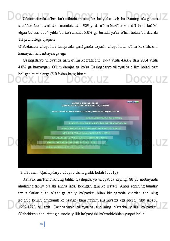       O’zbekistonda   o’lim   ko’rsatkichi   mintaqalar   bo’yicha   turlicha.   Buning   o’ziga   xos
sabablari   bor.   Jumladan,   mamlakatda   1989   yilda   o’lim   koeffitsienti   6.3   %   ni   tashkil
etgan  bo’lsa,  2004  yilda bu  ko’rsatkich  5.0%  ga  tushdi,  ya’ni   o’lim   holati  bu  davrda
1.3 promillega qisqardi.
O’zbekiston   viloyatlari   darajasida   qaralganda   deyarli   viloyatlarda   o’lim   koeffitsienti
kamayish tendentsiyasiga ega.
      Qashqadaryo   viloyatida   ham   o’lim   koeffitsienti   1997   yilda   4.63%   dan   2004   yilda
4.0%   ga   kamaygan.   O’lim   darajasiga   ko’ra   Qashqadaryo   viloyatida   o’lim   holati   past
bo’lgan h ududlarga (5.0 %dan kam) kiradi.
  2.1.2-rasm.  Qashqadaryo viloyati demografik holati (2021y).
      Statistik ma’lumotlarning tahlili Qashqadaryo viloyatida keyingi 80 yil mobaynida
aholining   tabiiy   o’sishi   ancha   jadal   kechganligini   ko’rsatadi.   Aholi   sonining   bunday
tez   sur’atlar   bilan   o’sishiga   tabiiy   ko’payish   bilan   bir   qatorda   chetdan   aholining
ko’chib  kelishi   (mexanik   ko’payish)  ham  muhim  ahamiyatga   ega  bo’ldi.  Shu  sababli
1959-1970   yillarda   Qashqadaryo   viloyatida   aholining   o’rtacha   yillik   ko’payishi
O’zbekiston aholisining o’rtacha yillik ko’payishi ko’rsatkichidan yuqori bo’ldi.
18 