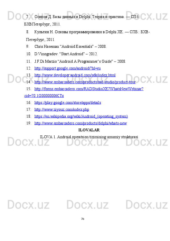 7. Осипов Д. Базы данных и Delphi. Теория и практика. — СПб.: 
БХВПетербург, 2011. 
8. Культин Н. Основы программирования в Delphi XE. — СПБ.: БХВ-
Петербург, 2011.  
9. Chris Haseman “Android Essentials” – 2008.  
10. D.Vinogradov. “Start Android” – 2012. 
11. J.F.Di Marzio “Android A Programmer‘s Guide” – 2008.  
12. http://support.google.com/android/?hl=ru     
13. http    ://    www    .   developer    .   android    .   com    /   sdk    /   index    .   html     
14. http://www.embarcadero.com/products/rad    -   studio/product    -   tour     
15. http://forms.embarcadero.com/RADStudioXE7WhatsNewWebinar?   
cid=70     1G0000000tKTx     
16. https://play.google.com/store/apps/details     
17. http://www.ziyouz.com/index.php     
18. https://en.wikipedia.org/wiki/Android_(operating_system)     
19. http://www.embarcadero.com/products/delphi/whats    -   new     
ILOVALAR 
ILOVA 1. Android operatsion tizimining umumiy strukturasi 
76  
  