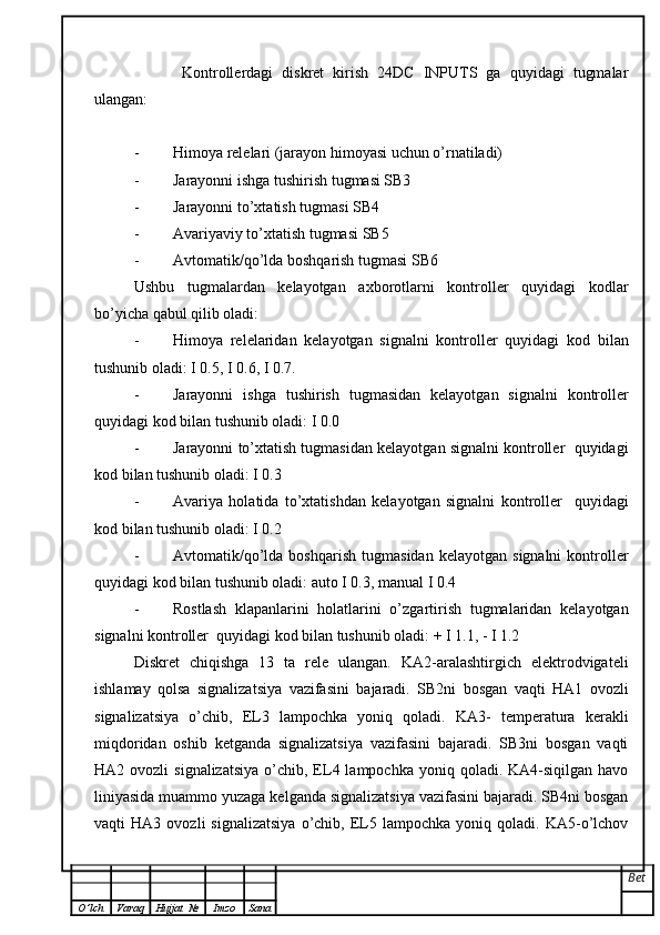     Kontrollerdagi   diskret   kirish   24DC   INPUTS   ga   quyidagi   tugmalar
ulangan:
- Himoya relelari (jarayon himoyasi uchun o’rnatiladi)
- Jarayonni ishga tushirish tugmasi SB3
- Jarayonni to’xtatish tugmasi SB4
- Avariyaviy to’xtatish tugmasi SB5
- Avtomatik/qo’lda boshqarish tugmasi SB6
Ushbu   tugmalardan   kelayotgan   axborotlarni   kontroller   quyidagi   kodlar
bo’yicha qabul qilib oladi:
- Himoya   relelaridan   kelayotgan   signalni   kontroller   quyidagi   kod   bilan
tushunib oladi: I 0.5, I 0.6, I 0.7. 
- Jarayonni   ishga   tushirish   tugmasidan   kelayotgan   signalni   kontroller
quyidagi kod bilan tushunib oladi: I 0.0
- Jarayonni to’xtatish tugmasidan kelayotgan signalni kontroller  quyidagi
kod bilan tushunib oladi: I 0.3
- Avariya   holatida   to’xtatishdan   kelayotgan   signalni   kontroller     quyidagi
kod bilan tushunib oladi: I 0.2
- Avtomatik/qo’lda   boshqarish   tugmasidan   kelayotgan   signalni   kontroller
quyidagi kod bilan tushunib oladi: auto I 0.3, manual I 0.4
- Rostlash   klapanlarini   holatlarini   o’zgartirish   tugmalaridan   kelayotgan
signalni kontroller  quyidagi kod bilan tushunib oladi: + I 1.1, - I 1.2
Diskret   chiqishga   13   ta   rele   ulangan.   KA2-aralashtirgich   elektrodvigateli
ishlamay   qolsa   signalizatsiya   vazifasini   bajaradi.   SB2ni   bosgan   vaqti   HA1   ovozli
signalizatsiya   o’chib,   EL3   lampochka   yoniq   qoladi.   KA3-   temperatura   kerakli
miqdoridan   oshib   ketganda   signalizatsiya   vazifasini   bajaradi.   SB3ni   bosgan   vaqti
HA2 ovozli   signalizatsiya   o’chib,  EL4 lampochka  yoniq  qoladi. KA4-siqilgan  havo
liniyasida muammo yuzaga kelganda signalizatsiya vazifasini bajaradi. SB4ni bosgan
vaqti   HA3   ovozli   signalizatsiya   o’chib,  EL5   lampochka   yoniq  qoladi.   KA5-o’lchov
Bet
O ’ lch Varaq Hujjat   № Imzo Sana 