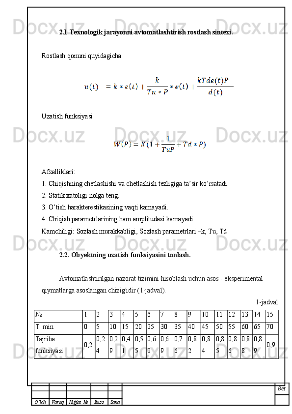 2.1   Texnologik jarayonni avtomatlashtirish rostlash sintezi.
Rostlash qonuni quyidagicha
Uzatish funksiyasi 
Afzalliklari:
1. Chiqishning chetlashishi va chetlashish tezligiga ta’sir ko’rsatadi.
2. Statik xatoligi nolga teng.
3. O’tish harakterestikasining vaqti kamayadi.
4. Chiqish parametrlarining ham amplitudasi kamayadi.
Kamchiligi: Sozlash murakkabligi, Sozlash parametrlari –k, Tu, Td
2.2. Obyektning uzatish funksiyasini tanlash.
Avtomatlashtirilgan nazorat tizimini hisoblash uchun asos - eksperimental 
qiymatlarga asoslangan chizig'idir (1-jadval).
1-jadval
№  1 2 3 4 5 6 7 8 9 10 11 12 13 14 15
T. min 0 5 10 15 20 25 30 35 40 45 50 55 60 65 70
Tajriba
funksiyasi 0,2 0,2
4 0,2
9 0,4
1 0,5
5 0,6
2 0,6
9 0,7
6 0,8
2 0,8
4 0,8
5 0,8
6 0,8
8 0,8
9 0,9
Bet
O ’ lch Varaq Hujjat   № Imzo Sana 