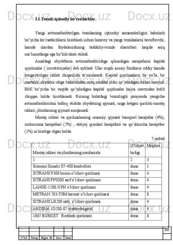 3.1 Texnik iqtisodiy ko’rsatkichlar.
Yangi   avtomatlashtirilgan   texnikaning   iqtisodiy   samaradorligini   baholash
bo’yicha ko’rsatkichlarni hisoblash uchun bazaviy va yangi texnikalarni tavsiflovchi,
hamda   ulardan   foydalanishning   tashkiliy-texnik   sharoitlari   haqida   aniq
ma’lumotlarga ega bo’lish talab etiladi. 
Amaldagi   obyektlarni   avtomatlashtirishga   qilinadigan   xarajatlarni   kapital
quyilmalar   (   investetsiyalar)   deb   aytiladi.   Ular   orqali   asosiy   fondlarni   oddiy   hamda
kengaytirilgan   ishlab   chiqarilishi   ta’minlanadi.   Kapital   quyilmalarni   bir   yo’la,   bir
martalik, obyektni ishga tushirishdan uzoq muddat oldin qo’yiladigan turlari mavjud.
BMI   bo’yicha   bir   vaqtda   qo’yiladigan   kapital   quyilmalar   hajmi   mavzudan   kelib
chiqqan   holda   hisoblanadi.   Bizning   holatdagi   texnologik   jarayonda   yangicha
avtomatlashtirishni   tadbiq   etishda   obyektning   qiymati,   unga   ketgan   qurilish-montaj
ishlari, jihozlarning qiymati aniqlanadi.
Montaj   ishlari   va   qurilmalarning   umumiy   qiymati   transport   harajatlar   (4%),
omborxona   harajatlari   (2%)   ,   ehtiyoj   qismlari   harajatlari   va   qo’shimcha   harajatlar
(1%) ni hisobga olgan holda. 
7-jadval
Montaj ishlari va jihozlarning nomlanishi O’lchov
birligi Miqdori
1 2 3
Siemens Simatic S7-400 kontrolleri dona 1
SITRANS P300  bosim o’lchov qurilmasi dona 4
SITRANS FPS300  sarf o’lchov qurilmasi dona 4
LANGE-1200-S PH o’lchov qurilmasi dona 4
METRAN 203-TSM harorat o’lchov qurilmasi dona 8
SITRANS LR200 sath   o’lchov  qurilmasi dona 4
AROSNA 1D200-07 elektrodvigatel  dona 4
1067 BURKET   Rostlash qurilmasi dona 8
Bet
O ’ lch Varaq Hujjat   № Imzo Sana 