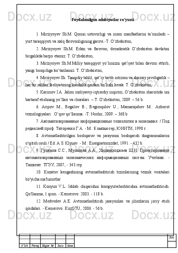 Foydalanilgan adabiyotlar ro'yxati
1.   Mirziyoyev   Sh.M.   Qonun   ustuvorligi   va   inson   manfaatlarini   ta’minlash   –
yurt taraqqiyoti va xalq farovonligining garovi.-T.:O’zbekiston,
2.   Mirziyoyev   Sh.M.   Erkin   va   farovon,   demokratik   O’zbekiston   davlatini
birgalikda barpo etamiz. T.:O’zbekiston,
3.  Mirziyoyev   Sh.M.Milliy   taraqqiyot   yo’limizni   qat’iyat   bilan   davom   ettirib,
yangi bosqichga ko’tarilamiz. T.:O’zbekiston,
4. Mirziyoyev Sh. Tanqidiy tahlil, qat’iy tartib intizom va shaxsiy javobgarlik –
har bir rahbar faoliyatining kundalik qoidasi bo’lishi kerak. T.:O’zbekiston,
5.  Karimov I.A. Jahon moliyaviy-iqtisodiy inqirozi, O’zbekiston sharoitida uni
bartaraf etishning yo’llari va choralari. – Т.:O’zbekiston, 2009. – 56 b.
6.   Aripov   M.,   Begalov   B.,   Begimqulov   U.,   Mamarajabov   M..   Axborot
texnologiyalari:  O’quv qo’llanma. -T: Noshir, 2009. – 368 b.  
7.   A втоматизированные информационные технологии в экономике. / Под
редаксией проф. Титоренко Г.А. -  M .: Компьютер, ЮНИТИ, 1998 г.
8.   Avtomatlashtirilgan   boshqaruv   va   jarayonni   boshqarish   diagrammalarini
o'qitish usuli / Ed. A.S. Klyuev. - M.: Energoatomizdat, 1991. - 432 b.
9 .   Гулямов   С.С.,   Мусалиев   А.А.,   Хашимходжаев   Ш.И.   Проектирование
автоматизированных   экономических   информационных   систем.   Учебник.   -
Ташкент: ТГЭУ, 2007, - 343 стр.
10.   Kuzatuv   kengashining   avtomatlashtirish   tizimlarining   texnik   vositalari
bo'yicha ma'lumotlar
11.   Konyux   V.L.   Ishlab   chiqarishni   kompyuterlashtirishni   avtomatlashtirish.
Qo'llanma, 1 qism. - Kemerovo: 2003. - 118 b.
12.   Medvedev   A.E.   Avtomatlashtirish   jarayonlari   va   jihozlarini   joriy   etish
qoidalari. - Kemerovo: KuzGTU, 2006. - 56 b.
Bet
O ’ lch Varaq Hujjat   № Imzo Sana 