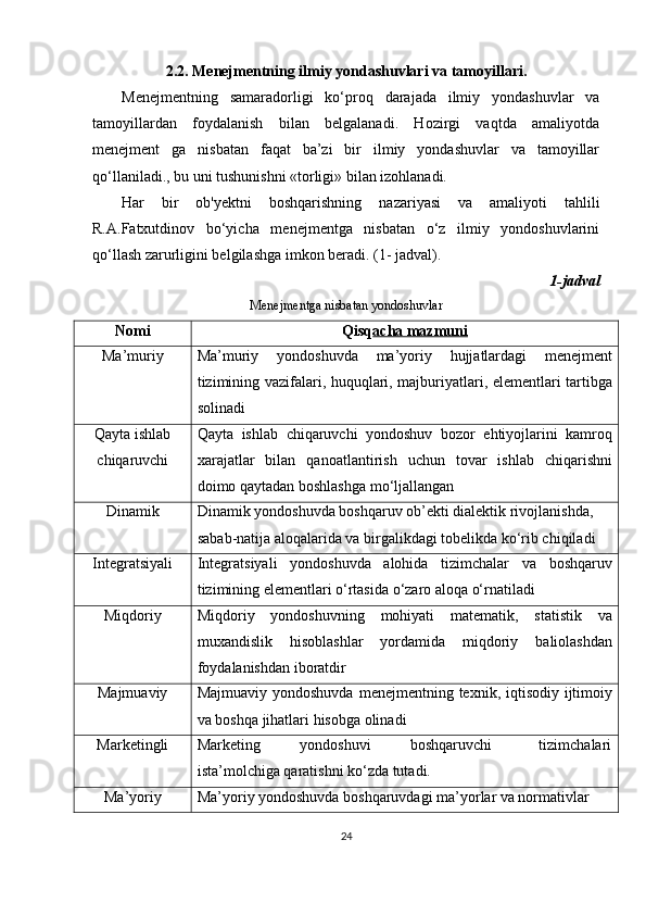 2.2 . Menejmentning ilmiy yondashuvlari va tamoyillari .
Menejmentning   samaradorligi   ko‘proq   darajada   ilmiy   yondashuvlar   va
tamoyillardan   foydalanish   bilan   belgalanadi.   Hozirgi   vaqtda   amaliyotda
menejment   ga   nisbatan   faqat   ba’zi   bir   ilmiy   yondashuvlar   va   tamoyillar
qo‘llaniladi., bu uni tushunishni «torligi» bilan izohlanadi.
Har   bir   ob'yektni   boshqarishning   nazariyasi   va   amaliyoti   tahlili
R.A.Fatxutdinov   bo‘yicha   menejmentga   nisbatan   o‘z   ilmiy   yondoshuvlarini
qo‘llash zarurligini belgilashga imkon beradi. (1- jadval).
1- jadval
Menejmentga nisbatan yondoshuvlar
Nomi Qisq acha mazmuni
Ma’muriy Ma’muriy   yondoshuvda   ma’yoriy   hujjatlardagi   menejment
tizimining vazifalari, huquqlari, majburiyatlari, elementlari tartibga
solinadi
Qayta ishlab
chiqaruvchi Qayta   ishlab   chiqaruvchi   yondoshuv   bozor   ehtiyojlarini   kamroq
xarajatlar   bilan   qanoatlantirish   uchun   tovar   ishlab   chiqarishni
doimo qaytadan boshlashga mo‘ljallangan
Dinamik Dinamik yondoshuvda boshqaruv ob’ekti dialektik rivojlanishda, 
sabab-natija aloqalarida va birgalikdagi tobelikda ko‘rib chiqiladi
Integratsiyali Integratsiyali   yondoshuvda   alohida   tizimchalar   va   boshqaruv
tizimining elementlari o‘rtasida o‘zaro aloqa o‘rnatiladi
Miqdoriy Miqdoriy   yondoshuvning   mohiyati   matematik,   statistik   va
muxandislik   hisoblashlar   yordamida   miqdoriy   baliolashdan
foydalanishdan iboratdir
Majmuaviy Majmuaviy yondoshuvda  menejmentning texnik, iqtisodiy ijtimoiy
va boshqa jihatlari hisobga olinadi
Marketingli Marketing           yondoshuvi           boshqaruvchi             tizimchalari
ista’molchiga qaratishni ko‘zda tutadi.
Ma’yoriy Ma’yoriy yondoshuvda boshqaruvdagi ma’yorlar va normativlar 
24 