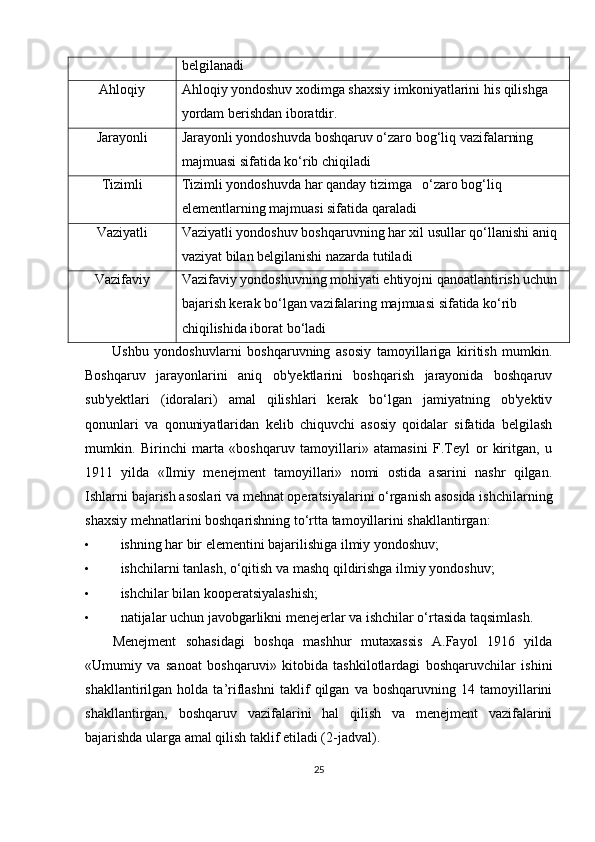 belgilanadi
Ahloqiy Ahloqiy yondoshuv xodimga shaxsiy imkoniyatlarini his qilishga 
yordam berishdan iboratdir.
Jarayonli Jarayonli yondoshuvda boshqaruv o‘zaro bog‘liq vazifalarning 
majmuasi sifatida ko‘rib chiqiladi
Tizimli Tizimli yondoshuvda har qanday tizimga   o‘zaro bog‘liq
e lementlarning majmuasi sifatida qaraladi
Vaziyatli Vaziyatli yondoshuv boshqaruvning har xil usullar qo‘llanishi  aniq 
vaziyat bilan belgilanishi nazarda tutiladi
Vazifaviy Vazifaviy yondoshuvning mohiyati ehtiyojni qanoatlantirish uchun 
bajarish kerak bo‘lgan vazifalaring majmuasi sifatida ko‘rib 
chiqilishida iborat bo‘ladi
Ushbu   yondoshuvlarni   boshqaruvning   asosiy   tamoyillariga   kiritish   mumkin.
Boshqaruv   jarayonlarini   aniq   ob'yektlarini   boshqarish   jarayonida   boshqaruv
sub'yektlari   (idoralari)   amal   qilishlari   kerak   bo‘lgan   jamiyatning   ob'yektiv
qonunlari   va   qonuniyatlaridan   kelib   chiquvchi   asosiy   qoidalar   sifatida   belgilash
mumkin.   Birinchi   marta   «boshqaruv   tamoyillari»   atamasini   F.Teyl   or   kiritgan,   u
1911   yilda   «Ilmiy   menejment   tamoyillari»   nomi   ostida   asarini   nashr   qilgan.
Ishlarni bajarish asoslari va mehnat operatsiyalarini o‘rganish asosida ishchilarning
shaxsiy mehnatlarini boshqarishning to‘rtta tamoyillarini shakllantirgan:
• ishning har bir elementini bajarilishiga ilmiy yondoshuv;
• ishchilarni tanlash, o‘qitish va mashq qildirishga ilmiy yondoshuv;
• ishchilar bilan kooperatsiyalashish;
• natijalar uchun javobgarlikni menejerlar va ishchilar o‘rtasida taqsimlash.
Menejment   sohasidagi   boshqa   mashhur   mutaxassis   A.Fayol   1916   yilda
«Umumiy   va   sanoat   boshqaruvi»   kitobida   tashkilotlardagi   boshqaruvchilar   ishini
shakllantirilgan   holda   ta’riflashni   taklif   qilgan   va   boshqaruvning   14   tamoyillarini
shakllantirgan,   boshqaruv   vazifalarini   hal   qilish   va   menejment   vazifalarini
bajarishda ularga amal qilish taklif etiladi (2-jadval).
25 