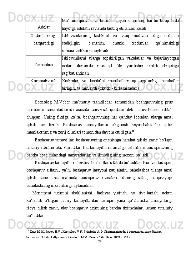 Adolat Ma’ lum qoidalar va bitimlar qoyali zanjirning har bir bosqichida
hayotga adolatli ravishda tadbiq etilishlari kerak
Xodimlarning
barqarorligi Ishlovchilarning   tashkilot   va   uzoq   muddatli   ishga   nisbatan
sodiqligini   o‘rnatish,   chunki   xodimlar   qo‘nimsizligi
samaradorlikni pasaytiradi. 
Tashabbus Ishlovchilarni   ularga   topshirilgan   vakolatlar   va   bajarilayotgan
ishlari   doirasida   mustaqil   fikr   yuritishni   ishlab   chiqishga
rag‘batlantirish.
Korporativ ruh Xodimlar   va   tashkilot   manfaatlarining   uyg‘unligi   harakatlar
birligini ta’minlaydi («kuch - birlashishda»)
Sotsiolog   M.Veber   ma’muriy   tashkilotlar   tomonidan   boshqaruvning   prus
tajribasini   umumlashtirish   asosida   universal   qoidalar   deb   ataluvchilarni   ishlab
chiqqan.   Uning   fikriga   ko‘ra,   boshqaruvning   har   qanday   idoralari   ularga   amal
qilish   lari   kerak.   Boshqaruv   tamoyillarini   o‘rganish   keyinchalik   bir   qator
mamlakatimiz va xorij olimlari tomonidan davom ettirilgan. 10
Boshqaruv tamoyillari boshqaruvning erishishga harakat qilishi zarur bo‘lgan
nazariy   idealini   aks   ettiradilar.   Bu   tamoyillarni   amalga   oshirilishi   boshqaruvning
barcha bosqichlaridagi samaradorligi va ilmiyligining mezoni bo‘ladi.
Boshqaruv tamoyillari cheklovchi shartlar sifatida bo‘ladilar. Bundan tashqari,
boshqaruv   sifatini,   ya’ni   boshqaruv   jarayoni   natijalarini   baholashda   ularga   amal
qilish   zarur.   Bu   ma’noda   boshqaruv   idoralari   ishining   sifati,   natijaviyligi
baholashning mezonlariga aylanadilar.
Menement   tizimini   shakllanishi,   faoliyat   yuritishi   va   rivojlanishi   uchun
ko‘rsatib   o‘tilgan   asosiy   tamoyillardan   tashqari   yana   qo‘shimcha   tamoyillarga
rioya   qilish   zarur,   ular   boshqaruv   tizimining   barcha   tizimchalari   uchun   umumiy
bo‘ladilar:
10
  Kane M.M., Ivanov B.V., Koreshkov V.N, Sxirtladze A.G. Sistem ы , metod ы  i instrument ы  menedjmenta 
kachestva: Uchebnik dlya vuzov / Pod red. M.M. Kane. - SPb.: Piter, 2009. - 560 s.
27 