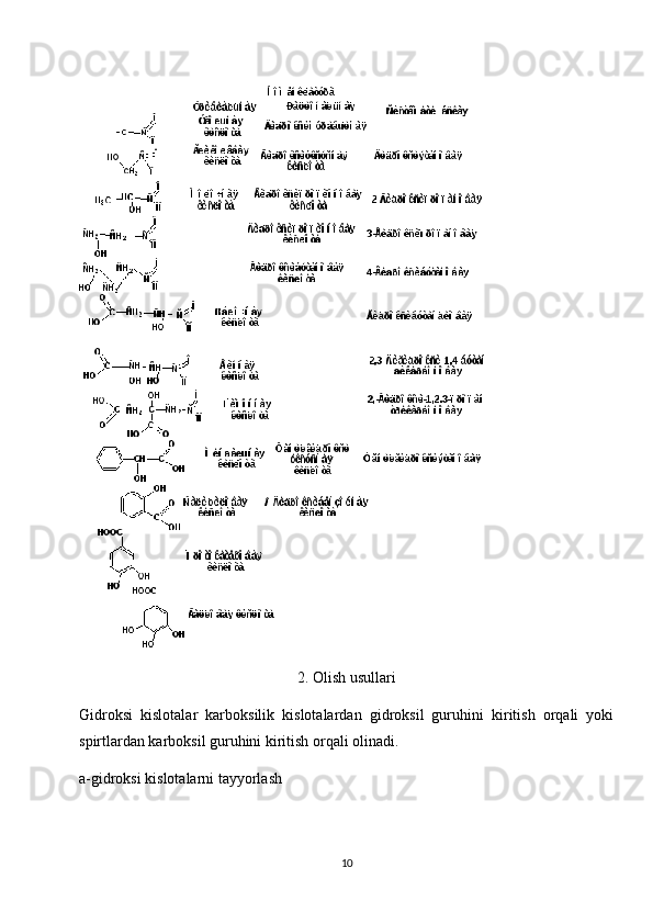 2. Olish usullari
Gidroksi   kislotalar   karboksilik   kislotalardan   gidroksil   guruhini   kiritish   orqali   yoki
spirtlardan karboksil guruhini kiritish orqali olinadi.
a-gidroksi kislotalarni tayyorlash
10 