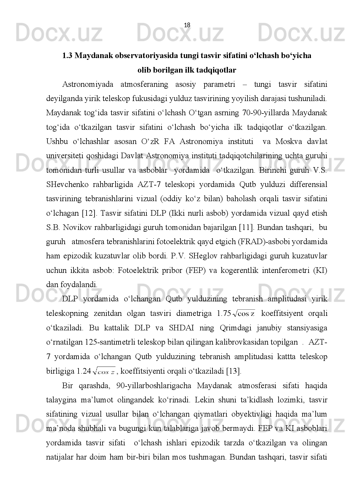 1.1 rasm. Maydanak tog‘ida 1979-1985 yy. (tutash chiziq) va 1996-200 yy. DIMM-instrumenti
kuzatishlari asosida (nuqtali tutash chiziq), Chilining La Silla (shtrixli chiziq) va Paranal (shtrixli
chiziq)  observatoriyalarida 1983-1997 yy. olingan maksimal mumkin bo‘lgan soniga nisbatan
foizlardagi o‘rtacha oylik ochiq tunlar miqdori.
DIMM-o‘lchashlari asosida 1996 y. avgustidan 2003 y. dekabrgacha olingan
ochiq tunlar vaqtining ulushi va tasvirning medianli sifati haqida o‘rtacha
oylik statistik ma’lumot
1.2-jadval
Oylar To‘ldirish
faktori, % 
FWHM   burchak
sekundlarda
Yanvar 45.03 0.79
Fevral 47.48 0.77
Mart 34.45 0.71
Aprel 37.98 0.78
May 70.09 0.70
Iyun 81.08 0.71
Iyul 90.26 0.73
Avgust 86.05 0.7210