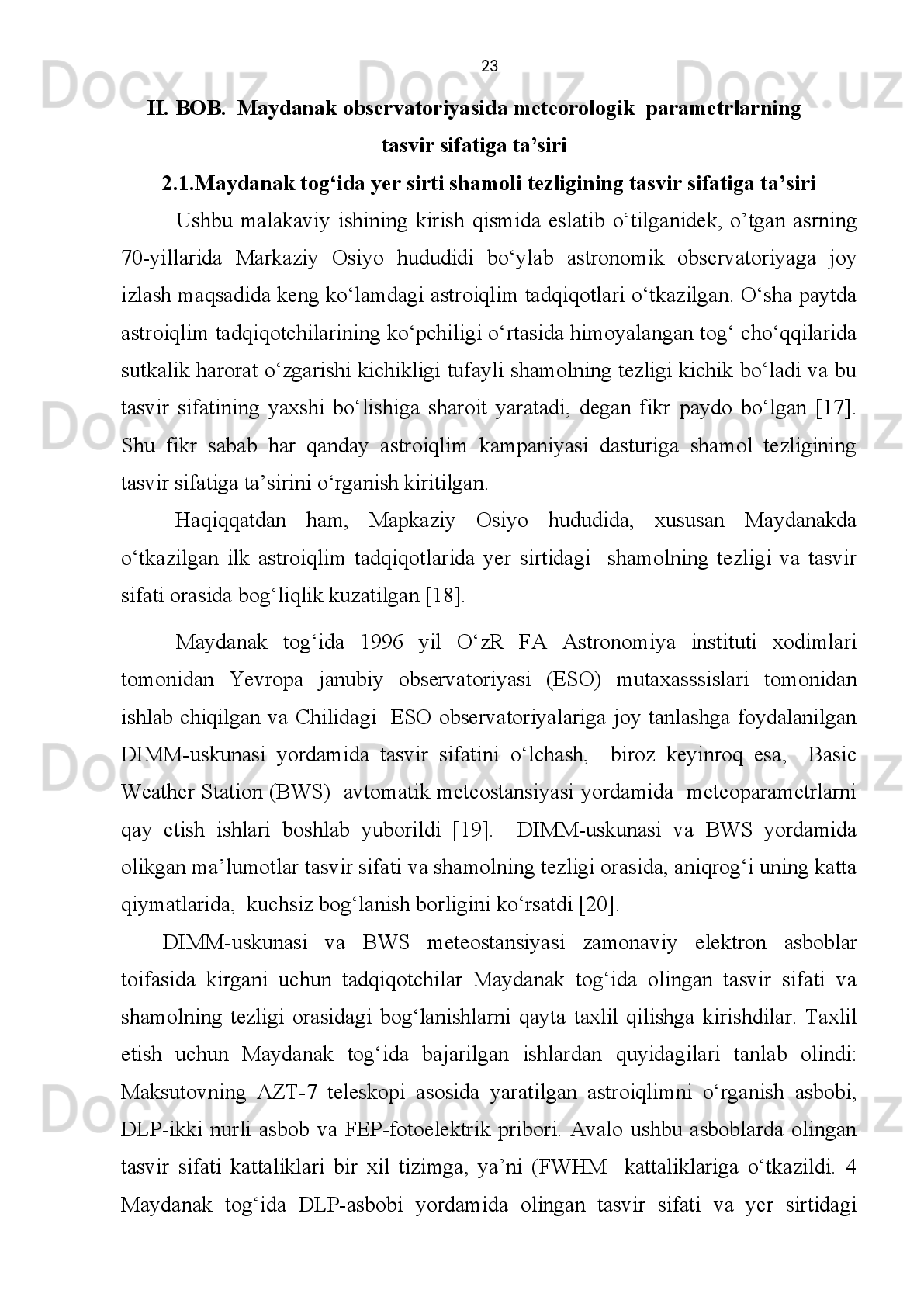 BWS avtomatik meteostansiyasi ma’lumotlari bo‘yicha 2000 yil maydan 2002
yil oktabrigacha davr oralig‘ida olingan teziliklarning va shamol
yo‘nalishining, shuningdek temperaturalarning o‘rtacha oylik statistikasi.   1.3-
Jadval
 
Oylar O‘lcha
shlar 
soni Shamol tezligi m/s Shamol 
yo‘nalis
hi, 
gradusla
rda Temperatura   о
С
Me
d. Mak. O‘rt
. Med. Min. Mak. O‘rt.
Yanvar 10321 2.96 12.02 3.32 165.0 -6.46 -16.19 2.74 -7.07
Fevral 8366 3.45 15.81 3.85 157.2 -5.17 -15.21 0.73 -5.56
Mart 9996 3.44 12.78 3.57 143.6 1.39 -12.45 9.13 0.19
Aprel 5275 3.88 14.49 4.00 157.7 5.42 -3.66 13.43 4.73
May 11440 2.89 15.15 3.04 175.7 9.05 -0.10 17.10 9.00
Iyun 13176 2.04 10.52 2.29 154.9 12.80 3.40 21.21 12.80
Iyul 15169 1.83 13.09 2.06 160.7 13.42 8.40 21.31 13.55
Avgust 17886 1.94 11.27 2.28 155.3 14.09 6.55 20.72 13.82
Sentabr 22835 2.44 28.38 2.65 152.8 9.91 -2.39 17.21 9.65
Oktabr 20104 2.74 11.72 2.90 176.0 5.45 -5.02 15.47 5.39
Noyabr 17933 2.95 10.53 3.02 164.9 -0.39 -13.63 8.48 -0.61
Dekabr 9186 2.92 14.19 3.20 174.3 -3.84 -9.86 4.35 -3.03
Jami 161687 2.58 28.38 2.86 161.7 7.19 -16.19 21.31 5.7016