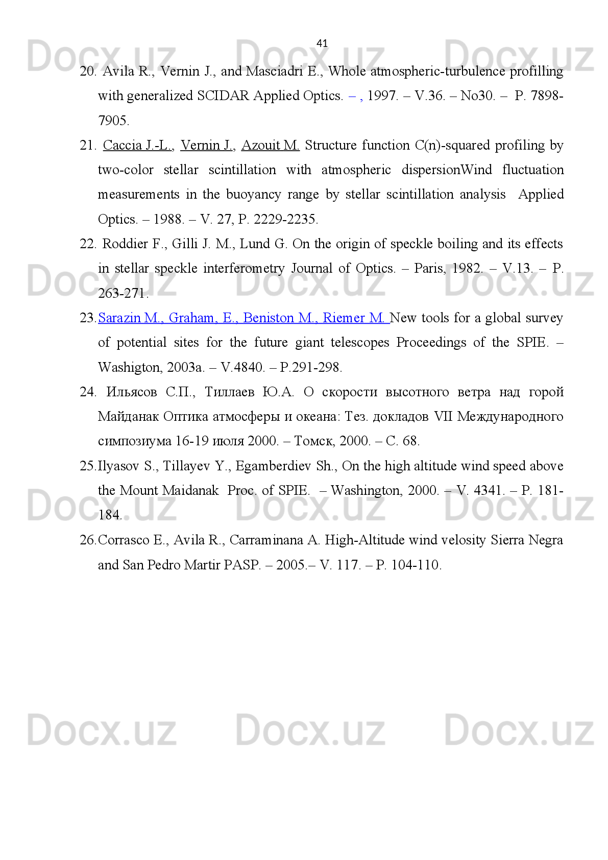 NCEP ma’lumotlariga ko‘ra 1980-95 yillarda Maydanak, Paranal va La Silla
observatoriyalari ustidagi yuqori shamol o‘rtacha oylik  tezligining mavsumiy
statistikasi.
2.3 -jadval
Oylar 200 millibar sathda yuqori shamol tezligining o‘rtacha oylik
miqdori 
Maydanak Paranal La Silla
Yanvar 28.6 19.5 27.2
Fevral 27.9 19.3 24.6
Mart 27.2 22.0 26.4
Aprel 24.9 29.7 31.7
May 26.5 35.5 36.2
Iyun 30.8 35.6 36.0
Iyul 27.3 37.4 37.7
Avgust 28.9 36.2 38.1
Sentabr 30.2 36.6 36.3
Oktabr 25.0 35.8 39.2
Noyabr 28.2 30.9 34.0
Dekabr 27.3 24.5 27.6
Yillik 27.7  30.3 32.936
