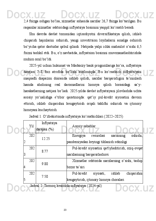 232,4 foizga oshgan bo‘lsa, xizmatlar sohasida narxlar 26,7 foizga ko‘tarilgan. Bu
raqamlar xizmatlar sektoridagi inflyatsiya bosimini yaqqol ko‘rsatib beradi.
Shu   davrda   davlat   tomonidan   iqtisodiyotni   diversifikatsiya   qilish,   ishlab
chiqarish   hajmlarini   oshirish,   yangi   investitsion   loyihalarni   amalga   oshirish
bo‘yicha qator dasturlar qabul qilindi. Natijada yalpi ichki mahsulot o‘sishi 6,5
foizni tashkil etdi. Bu, o‘z navbatida, inflyatsion bosimni muvozanatlashtirishda
muhim omil bo‘ldi.
2025-yil uchun hukumat va Markaziy bank prognozlariga ko‘ra, inflyatsiya
darajasi   7–8   foiz   atrofida   bo‘lishi   kutilmoqda.   Bu   ko‘rsatkich   inflyatsiyani
maqsadli   diapazon   doirasida   ushlab   qolish,   narxlar   barqarorligini   ta’minlash
hamda   aholining   real   daromadlarini   himoya   qilish   borasidagi   sa’y-
harakatlarning natijasi bo‘ladi. 2025-yilda davlat inflyatsiyani jilovlashda uchta
asosiy   yo‘nalishga   e’tibor   qaratmoqda:   qat’iy   pul-kredit   siyosatini   davom
ettirish,   ishlab   chiqarishni   kengaytirish   orqali   taklifni   oshirish   va   ijtimoiy
himoyani kuchaytirish.
Jadval 1. O‘zbekistonda inflyatsiya ko‘rsatkichlari (2022–2025)
Yil Inflyatsiya
darajasi (%) Asosiy sabablar
202
2 12.25 Energiya   resurslari   narxining   oshishi,
pandemiyadan keyingi tiklanish sekinligi
202
3 8.77 Pul-kredit siyosatini qat'iylashtirish, oziq-ovqat
narxlarining barqarorlashuvi
202
4 9.80 Xizmatlar   sektorida   narxlarning   o‘sishi,   tashqi
bozor ta’siri
202
5 7.50 Pul-kredit   siyosati,   ishlab   chiqarishni
kengaytirish, ijtimoiy himoya choralari
 Jadval 2. Tarmoq kesimida inflyatsiya (2024-yil) 