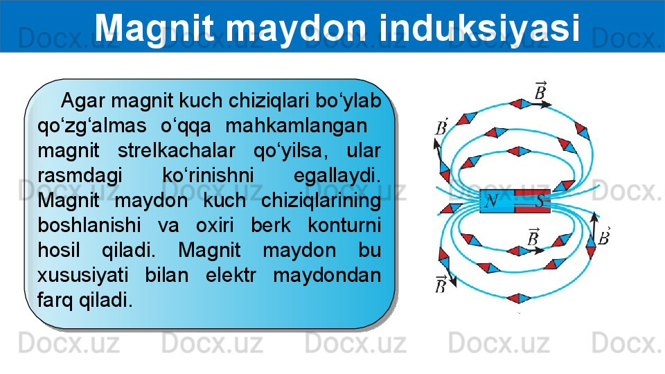   Magnit maydon induksiyasi
     Agar magnit kuch chiziqlari bo‘ylab 
qo‘zg‘almas  o‘qqa  mahkamlangan   
magnit  strelkachalar  qo‘yilsa,  ular 
rasmdagi  ko‘rinishni  egallaydi. 
Magnit  maydon  kuch  chiziqlarining 
boshlanishi  va  oxiri  berk  konturni 
hosil  qiladi.  Magnit  maydon  bu 
xususiyati  bilan  elektr  maydondan 
farq qiladi.  