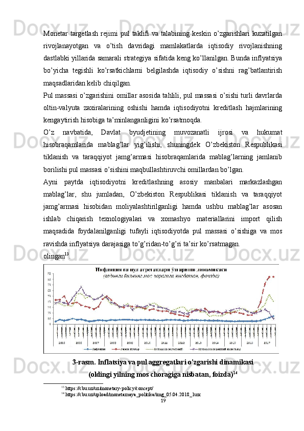 Monetar   targetlash   rejimi   pul   taklifi   va   talabining   keskin   o’zgarishlari   kuzatilgan
rivojlanayotgan   va   o’tish   davridagi   mamlakatlarda   iqtisodiy   rivojlanishning
dastlabki yillarida samarali strategiya sifatida keng ko’llanilgan. Bunda inflyatsiya
bo’yicha   tegishli   ko’rsatkichlarni   belgilashda   iqtisodiy   o’sishni   rag’batlantirish
maqsadlaridan kelib chiqilgan.
Pul massasi  o’zgarishini omillar asosida tahlili, pul massasi o’sishi turli davrlarda
oltin-valyuta   zaxiralarining   oshishi   hamda   iqtisodiyotni   kreditlash   hajmlarining
kengaytirish hisobiga ta’minlanganligini ko’rsatmoqda.
O’z   navbatida,   Davlat   byudjetining   muvozanatli   ijrosi   va   hukumat
hisobraqamlarida   mablag’lar   yig’ilishi,   shuningdek   O’zbekiston   Respublikasi
tiklanish   va   taraqqiyot   jamg’armasi   hisobraqamlarida   mablag’larning   jamlanib
borilishi pul massasi o’sishini maqbullashtiruvchi omillardan bo’lgan.
Ayni   paytda   iqtisodiyotni   kreditlashning   asosiy   manbalari   markazlashgan
mablag’lar,   shu   jumladan,   O’zbekiston   Respublikasi   tiklanish   va   taraqqiyot
jamg’armasi   hisobidan   moliyalashtirilganligi   hamda   ushbu   mablag’lar   asosan
ishlab   chiqarish   texnologiyalari   va   xomashyo   materiallarini   import   qilish
maqsadida   foydalanilganligi   tufayli   iqtisodiyotda   pul   massasi   o’sishiga   va   mos
ravishda inflyatsiya darajasiga to’g’ridan-to’g’ri ta’sir ko’rsatmagan.
olingan 13
.
3-rasm. Inflatsiya va pul aggregatlari o'zgarishi dinamikasi
(oldingi yilning mos choragiga nisbatan, foizda) 14
13
 https://cbu.uz/uz/monetary-policy/concept/
14
 https://cbu.uz/upload/monetarnaya_politika/img_05.04.2018_1uzc
19