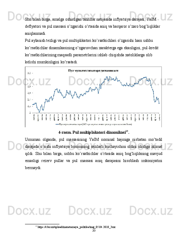 Shu bilan birga, amalga oshirilgan tahlillar natijasida inflyatsiya darajasi, YaIM 
deflyatori va pul massasi o’zgarishi o’rtasida aniq va barqaror o’zaro bog’liqliklar 
aniqlanmadi.
Pul aylanish tezligi va pul multiplikatori ko’rsatkichlari o’zgarishi ham ushbu 
ko’rsatkichlar dinamikasining o’zgaruvchan xarakterga ega ekanligini, pul-kredit 
ko’rsatkichlarining maqsadli parametrlarini ishlab chiqishda xatoliklarga olib 
kelishi mumkinligini ko’rsatadi.
4-rasm. Pul multiplakatori dinamikasi 15
.
Umuman   olganda,   pul   massasining   YaIM   nominal   hajmiga   nisbatan   mo’tadil
darajada o’sishi inflyatsiya bosimining sezilarli kuchayishini oldini olishga xizmat
qildi.   Shu   bilan   birga,   ushbu   ko’rsatkichlar   o’rtasida   aniq   bog’liqlikning   mavjud
emasligi   rezerv   pullar   va   pul   massasi   aniq   darajasini   hisoblash   imkoniyatini
bermaydi.
15
 https://cbu.uz/upload/monetarnaya_politika/img_05.04.2018_2uzc
20