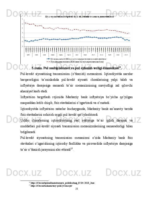 5-rasm. Pul multiplakatori va pul aylanish tezligi dinamikasi 16
.
Pul-kredit   siyosatining   transmission   (o’tkazish)   mexanizmi.   Iqtisodiyotda   narxlar
barqarorligini   ta’minlashda   pul-kredit   siyosati   choralarining   yalpi   talab   va
inflyatsiya   darajasiga   samarali   ta’sir   mexanizmining   mavjudligi   xal   qiluvchi
ahamiyat kasb etadi.
Inflyatsion   targetlash   rejimida   Markaziy   bank   inflyatsiya   bo’yicha   qo’yilgan
maqsaddan kelib chiqib, foiz stavkalarini o’zgartiradi va o’rnatadi.
Iqtisodiyotda   inflyatsion   xatarlar   kuchayganda,   Markaziy   bank   an’anaviy   tarzda
foiz stavkalarini oshirish orqali pul-kredit qat’iylashtiradi.
Ushbu   choralarning   iqtisodiyotning   real   sektoriga   ta’sir   qilish   darajasi   va
muddatlari   pul-kredit   siyosati   transmission   mexanizmlarining   samaradorligi   bilan
belgilanadi.
Pul-kredit   siyosatining   transmission   mexanizmi   o’zida   Markaziy   bank   foiz
stavkalari   o’zgarishining   iqtisodiy   faollikka   va   pirovardida   inflyatsiya   darajasiga
ta’sir o’tkazish jarayonini aks ettiradi 17
.
16
 https://cbu.uz/upload/monetarnaya_politika/img_05.04.2018_3uzc
17
 https://cbu.uz/uz/monetary-policy/concept/
21 