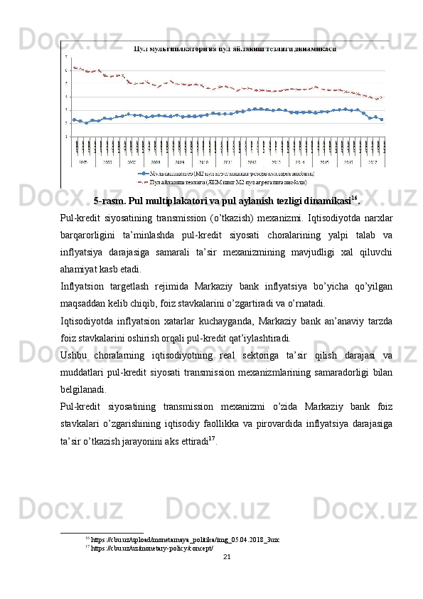 5-rasm. Pul multiplakatori va pul aylanish tezligi dinamikasi 16
.
Pul-kredit   siyosatining   transmission   (o’tkazish)   mexanizmi.   Iqtisodiyotda   narxlar
barqarorligini   ta’minlashda   pul-kredit   siyosati   choralarining   yalpi   talab   va
inflyatsiya   darajasiga   samarali   ta’sir   mexanizmining   mavjudligi   xal   qiluvchi
ahamiyat kasb etadi.
Inflyatsion   targetlash   rejimida   Markaziy   bank   inflyatsiya   bo’yicha   qo’yilgan
maqsaddan kelib chiqib, foiz stavkalarini o’zgartiradi va o’rnatadi.
Iqtisodiyotda   inflyatsion   xatarlar   kuchayganda,   Markaziy   bank   an’anaviy   tarzda
foiz stavkalarini oshirish orqali pul-kredit qat’iylashtiradi.
Ushbu   choralarning   iqtisodiyotning   real   sektoriga   ta’sir   qilish   darajasi   va
muddatlari   pul-kredit   siyosati   transmission   mexanizmlarining   samaradorligi   bilan
belgilanadi.
Pul-kredit   siyosatining   transmission   mexanizmi   o’zida   Markaziy   bank   foiz
stavkalari   o’zgarishining   iqtisodiy   faollikka   va   pirovardida   inflyatsiya   darajasiga
ta’sir o’tkazish jarayonini aks ettiradi 17
.
16
 https://cbu.uz/upload/monetarnaya_politika/img_05.04.2018_3uzc
17
 https://cbu.uz/uz/monetary-policy/concept/
21