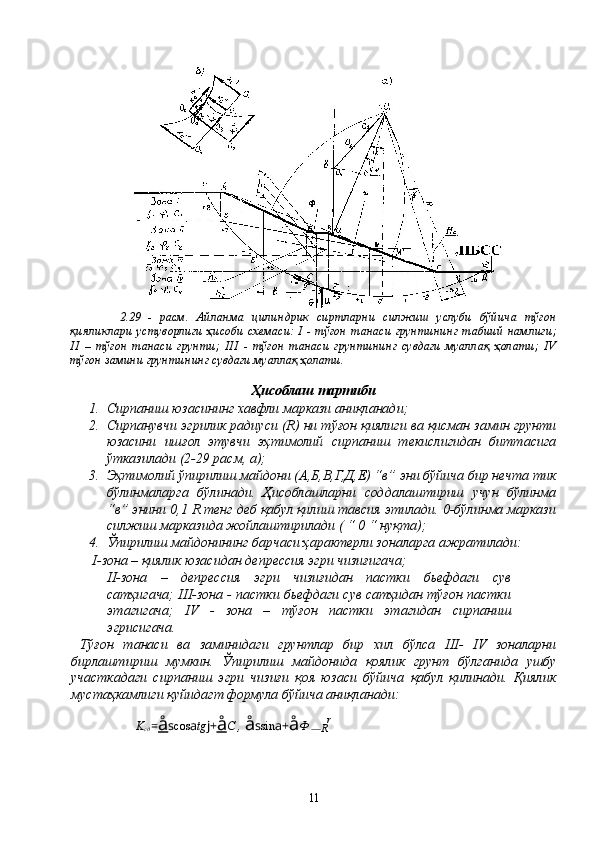 2.29   -   расм.   Айланма   цилиндрик   сиртларни   силжиш   услуби   бўйича   тўғон
қияликлари  устувoрлиги  ҳисоби  сxемаси: I  - тўғон  танаси  грунтининг табиий  намлиги;
II   –   тўғон   танаси   грунти;   III   -   тўғон   танаси   грунтининг   сувдаги   муаллақ   ҳолати;   IV
тўғон замини грунтининг сувдаги муаллақ ҳолати.
Ҳисоблаш тартиби
1. Сирпаниш юзасининг хавфли маркази аниқланади;
2. Сирпанувчи эгрилик радиуси (R) ни тўғон қиялиги ва қисман замин грунти
юзасини   ишғол   этувчи   эҳтимолий   сирпаниш   текислигидан   биттасига
ўтказилади (2-29 расм, а);
3. Эҳтимолий ўпирилиш майдони (А,Б,В,Г,Д,Е) “в” эни бўйича бир нечта тик
бўлинмаларга   бўлинади.   Ҳисоблашларни   соддалаштириш   учун   бўлинма
“в” энини 0,1 R тенг деб қабул қилиш тавсия этилади. 0-бўлинма маркази
силжиш марказида жойлаштирилади ( “ 0 “ нуқта);
4. Ўпирилиш майдонининг барчаси ҳарактерли зоналарга ажратилади:
 I-зона – қиялик юзасидан депрессия эгри чизиғигача;
II-зона   –   депрессия   эгри   чизиғидан   пастки   бьефдаги   сув
сатҳигача; III-зона - пастки бьефдаги сув сатҳидан тўғон пастки
этагигача;   IV   -   зона   –   тўғон   пастки   этагидан   сирпаниш
эгрисигача.
  Тўғон   танаси   ва   заминидаги   грунтлар   бир   хил   бўлса   III-   IV   зоналарни
бирлаштириш   мумкин.   Ўпирилиш   майдонида   қоялик   грунт   бўлганида   ушбу
участкадаги   сирпаниш   эгри   чизиғи   қоя   юзаси   бўйича   қабул   қилинади.   Қиялик
мустаҳкамлиги қуйидагт формула бўйича аниқланади:
K
сд  = å s cos a tg j + å C  ,  å s sin a + å Ф 
R r
11 