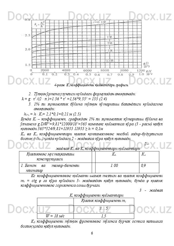 4-расм. K
i  коэффициенти қийматлари графиги.
2. Тўлқин ўртача узунлиги қуйидаги формуладан аниқланади:
 λ = g · τ 2
 /(2 · π )=1.56 * τ 2
 =1,56*9,35 2
 = 135 (2.4)
3. 1%   ли   эҳтимоллик   бўйича   тўлқин   кўтарилиш   баландлиги   қуйидагича
аниқланади:
 h
1%  = h · K
i = 2,1*0,1=0,21 м (2.5)
Бунда   K
i   –   коэффициент,   графикдан   1%   ли   эҳтимоллик   кўтарилиш   бўйича   ва
ўлчамсиз g·D/W 2
=9,81*12000/18 2
=363 комплекс қийматига кўра (3 - расм) қабул
қилинади.363*324/9,81=11935 11935 ≥ h = 0,1м
K
∆   ва   K
а   коэффициентлари   қиялик   қопламасининг   нисбий   ғадир-будурлигига
боғлиқ (r/h
i% ) ҳолда қуйидаги 2 - жадвалга кўра қабул қилинади.
2–
жадвал K
∆  ва K
a  коэффициентлари қийматлари
 Қияликнинг мустаҳкамлаш 
конструкцияси K
∆ К
a
1. Бетон  ва  темир-бетонли 
плиталар 1.00 0,9
Kс   коэффициентининг   қиймати   шамол   тезлиги   ва   қиялик   коэффициенти
m
1   =   ctg   φ   га   кўра   қуйидаги   3-   жадвалдан   қабул   қилинади,   бунда   φ   қиялик
коэффициентининг горизонтга оғиш бурчаги.
3   -   жадвал
K
с  коэффициенти қийматлари
Қиялик коэффициенти m
1
3....5
W = 18 м/с 1,5
K
β   коэффициенти   тўлқин   фронтининг   тўғонга   бурчак   остига   келишига
боғлиқ ҳолда қабул қилинади.
6 