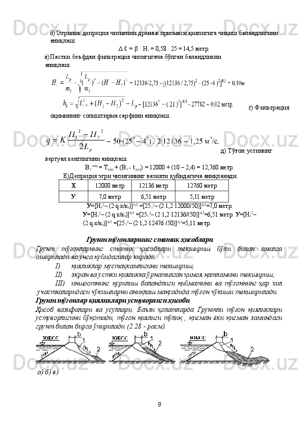 б) Эгрилик депреция чизиғини дренаж призмаси қиялигига чиқиш баландлигини 
аниқлаш.
∆ ℓ = β · H
1  = 0,58 · 25 = 14,5 метр.
в)Пастки беъфдан фильтрация чизиғигача бўлган баландликни 
аниқлаш.
 г) Фильтрация 
оқимининг солиштирма сарфини аниқлаш.
 д) Тўғон устининг 
вертуал кенглигини аниқлаш.
В
т  вер 
= Т
вер  + (В
т  - t
 урт )  = 12000 + (10 – 2,4) = 12,760 метр.
Е)Депреция эгри чизиғининг вазияти қуйидагича аниқланади.
Х 12000 метр 12136 метр 12760 метр
У 7,0 метр 6,51 метр 5,11 метр
У =[Н
1 2
– (2·q·х/к
т )] 0,5
 =[25
1 2
– (2·1,2·12000/50)] 0,5
=7,0 метр.
У =[Н
1 2
– (2·q·х/к
т )] 0,5
 =[25
1 2
– (2·1,2·12136//50)] 0,5
=6,51 метр.  У =[Н
1 2
–
(2·q·х/к
т )] 0,5
 =[25
1 2
– (2·1,2·12476 /50)] 0,5
=5,11 метр.
Грунт тўғонларнинг статик ҳисоблари
Грунт   тўғонларнинг   статик   ҳисоблари   текшириш   йўли   билан   амалга
оширилади ва унга қуйидагилар киради:
I) қияликлар мустаҳкамлигини текшириш;
II) экран ва устки қияликка ўрнатилган ҳимоя қатламини текшириш;
III) иншоотнинг   қурилиш   баландлиги   қийматини   ва   тўғоннинг   ҳар   хил
участкаларидаги чўкишларни аниқлаш мақсадида тўғон чўкиши текширилади.
Грунт тўғонлар қияликлари устуворлиги ҳисоби
Ҳисоб   вазифалари   ва   усуллари.   Баъзи   ҳолатларда   Грунтли   тўғон   қияликлари
устувoрлигини   йўқотади,   тўғон   қиялиги   тўлиқ   ,   қисман   ёки   қисман   заминдаги
грунт билан бирга ўпирилади (2.28 - расм).
 а) б) в)
9 