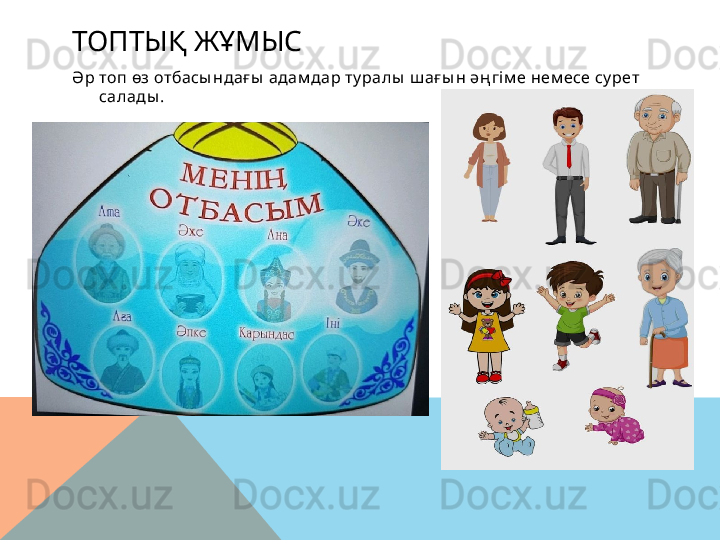 ТОПТЫҚ ЖҰМЫС
Ә р топ өз отбасы ндағ ы  адам дар ту ралы  ш ағ ы н әң гі м е нем есе су рет 
салады .  