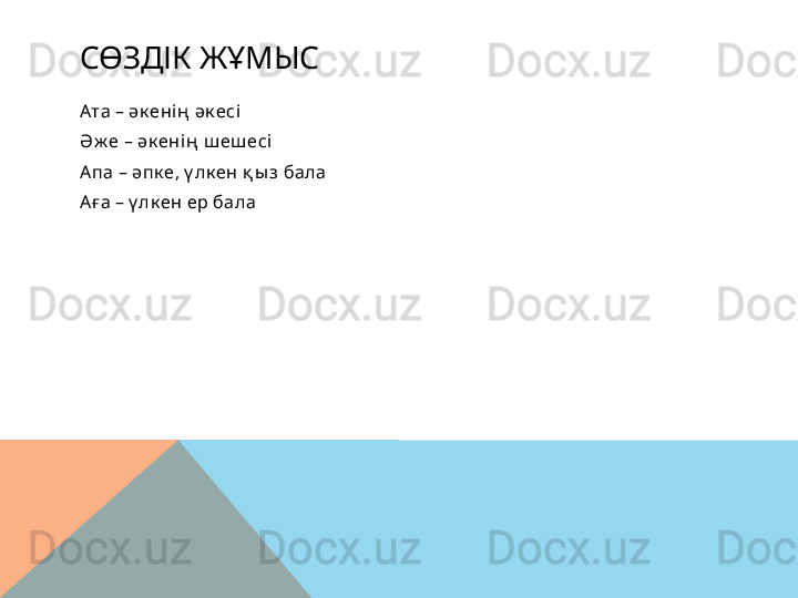 СӨЗДІК ЖҰМЫС
Ата – әк енің  әк есі
Ә ж е – әк енің  ш еш есі
Апа – әпк е, ү лк ен қ ы з бала
Аға – ү лк ен ер бала  