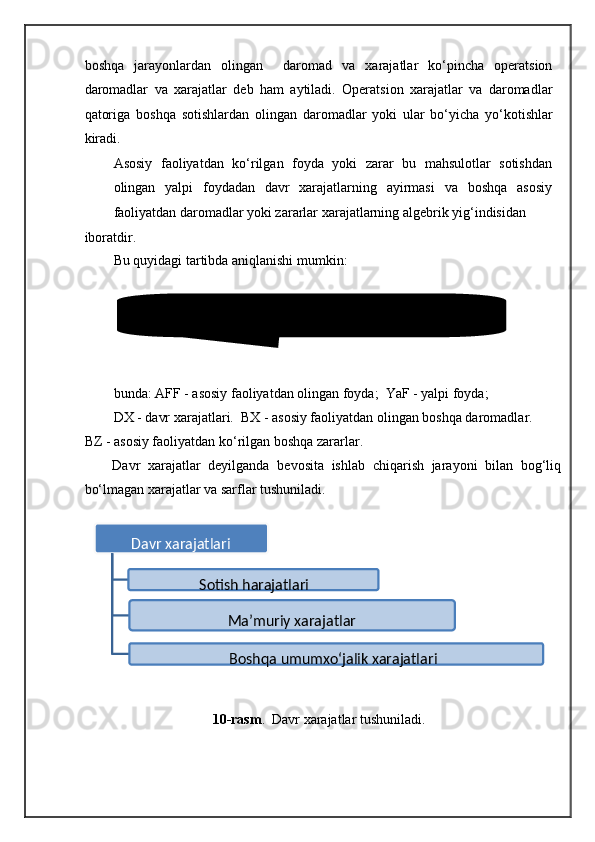boshqa   jarayonlardan   olingan     daromad   va   xarajatlar   ko‘pincha   operatsion
daromadlar   va   xarajatlar   deb   ham   aytiladi.   Operatsion   xarajatlar   va   daromadlar
qatoriga   boshqa   sotishlardan   olingan   daromadlar   yoki   ular   bo‘yicha   yo‘kotishlar
kiradi. 
Asosiy   faoliyatdan   ko‘rilgan   foyda   yoki   zarar   bu   mahsulotlar   sotishdan
olingan   yalpi   foydadan   davr   xarajatlarning   ayirmasi   va   boshqa   asosiy
faoliyatdan daromadlar yoki zararlar xarajatlarning algebrik yig‘indisidan 
iboratdir. 
Bu quyidagi tartibda aniqlanishi mumkin: 
 
 
bunda: AFF - asosiy faoliyatdan olingan foyda;  YaF - yalpi foyda;        
DX - davr xarajatlari.  BX - asosiy faoliyatdan olingan boshqa daromadlar.  
BZ - asosiy faoliyatdan ko‘rilgan boshqa zararlar. 
Davr   xarajatlar   deyilganda   bevosita   ishlab   chiqarish   jarayoni   bilan   bog‘liq
bo‘lmagan xarajatlar va sarflar tushuniladi. 
 
 
10-rasm .  Davr xarajatlar tushuniladi. 
   Davr xarajatlari  
Sotish harajatlari  
Ma’muriy xarajatlar  
Boshqa umumxo‘jalik xarajatlar i   