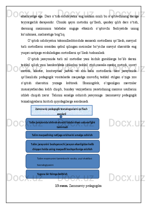 ahamiyatga ega. Dars o‘tish uslubiyatini eng muhim omili bu o‘qituvchining darsga
tayyorgarlik   darajasidir.   Chunki   qaysi   metodni   qo‘llash,   qanday   qilib   dars   o‘tish,
darsning   mazmunini   talabalar   ongiga   etkazish   o‘qituvchi   faoliyatida   uning
ko‘nikmasi, mahoratiga bog‘liq. 
O‘qitish uslubiyatini takomillashtirishda samarali metodlarni qo‘llash, mavjud
turli   metodlarni   orasidan   qabul   qilingan   mezonlar   bo‘yicha   mavjut   sharoitda   eng
yuqori natijaga erishiladigan metodlarni qo‘llash tushuniladi.  
O‘qitish   jarayonida   turli   xil   metodlar   yani   kichik   guruhlarga   bo‘lib   darsni
tashkil qilish yani hamkorlikda ishlashni tashkil etish,masala-mashq metodi, insert
metodi,   klaster,   kontseptual   jadval   va   shu   kabi   metodlarni   dars   jarayonida
qo‘llanilishi   pedagogik   vositalarda   maqsadga   muvofiq   tashkil   etilgan   o‘ziga   xos
o‘qitish   sharoitini   yuzaga   keltiradi.   Shuningdek,   o‘rganilgan   mavzular
xususiyatlaridan   kelib   chiqib,   bunday   vaziyatlarni   yaratishning   maxsus   usullarini
ishlab   chiqish   zarur.   Talimni   amalga   oshirish   jarayoniga     zamonaviy   pedagogik
texnalogyalarni kiritish quyidagilarga asoslanadi. 
13-rasm.  Zamonaviy pedagogika.   
 
   
 
 
 
 
 
 
 
 
 
  Zamonaviy pedagogik texnalogyalarni qo’llash 
asoslarii
 
Talim jarayonida ishtirok etuvchi talaba shaxs ustuvorligini 
taminlash
 
Yagona bir tizimga keltirish  Talim mazmunini taminlovchi vosita, usul shakllari 
texnalogiyasini  Talim jarayonini  boshqaruvchi jarayon ekanligidan kelib 
chiqqan holda uning maqsadli boshqariluviga erishish
 Talim maqsadining natijaga erishuvini amalga oshirish