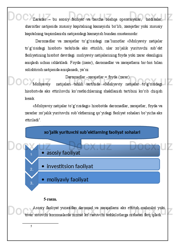 Zararlar   –   bu   asosiy   faoliyat   va   barcha   boshqa   operatsiyalar,     hodisalar,
sharoitlar   natijasida   xususiy   kapitalning   kamayishi   bo‘lib,   xarajatlar   yoki   xususiy
kapitalning taqsimlanishi natijasidagi kamayish bundan mustasnodir. 
  Daromadlar   va   xarajatlar   to‘g‘risidagi   ma’lumotlar   «Moliyaviy   natijalar
to‘g‘risidagi   hisobot»   tarkibida   aks   ettirilib,   ular   xo‘jalik   yurituvchi   sub’ekt
faoliyatining hisobot davrdagi  moliyaviy natijalarining foyda yoki zarar ekanligini
aniqlash  uchun  ishlatiladi. Foyda  (zarar), daromadlar  va  xarajatlarni   bir-biri   bilan
solishtirish natijasida aniqlanadi, ya’ni: 
Daromadlar –xarajatlar = foyda (zarar). 
Moliyaviy     natijalari   tahlili   tartibida   «Moliyaviy   natijalar   to‘g‘risidagi
hisobot»da   aks   ettiriluvchi   ko‘rsatkichlarning   shakllanish   tartibini   ko‘rib   chiqish
kerak. 
«Moliyaviy natijalar to‘g‘risidagi» hisobotda daromadlar, xarajatlar, foyda va
zararlar xo‘jalik yurituvchi sub’ektlarning qo‘yidagi faoliyat sohalari bo‘yicha aks
ettiriladi 5
. 
  5-rasm. 
Asosiy   faoliyat   yuzasidan   daromad   va   xarajatlarni   aks   ettirish   mahsulot   yoki
tovar sotuvchi korxonalarda xizmat ko‘rsatuvchi tashkilotlarga nisbatan farq qiladi. 
5
   
 
 
 1.   • asosiy faoliyat   
2.   • investitsion faoliyat  
3.   • moliyaviy faoliyat  xo’jalik   yurituvchi   sub’ektlarning   faoliyat   sohalari