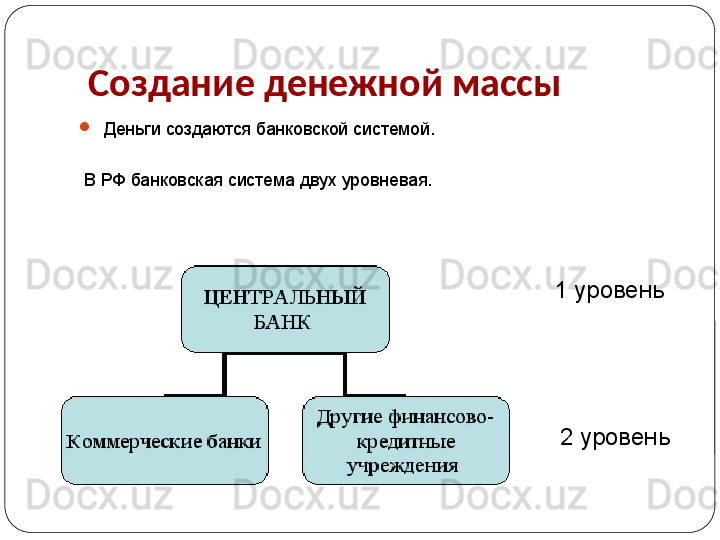   Создание денежной массы

   Деньги создаются банковской системой.
  В РФ банковская система двух уровневая.
 
1 уровень
2 уровень 