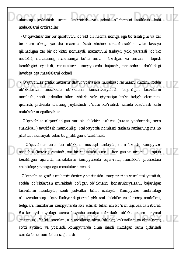 ularning   joylashish   urnini   ko rsatish   va   jadval   o lchamini   aniklash   kabiʻ ʻ
malakalarni orttiradilar.
  - O quvchilar xar bir qaraluvchi ob‘ekt bir nechta nomga ega bo lishligini va xar	
ʻ ʻ
bir   nom   o ziga   yarasha   mazmun   kasb   etishini   o zlashtiradilar.   Ular   tavsiya	
ʻ ʻ
qilinadigan   xar   bir   ob‘ektni   nomlaydi,   mazmunini   tanlaydi   yoki   yaratadi   (ob‘ekt
modeli),   masalaning   mazmuniga   ko ra   nima   ―berilgan   va   nimani   ―topish	
ʻ
kerakligini   ajratadi,   masalalarni   kompyuterda   bajaradi,   protsedura   shaklidagi
javobga ega masalalarni  е chadi.
 - O quvchilar grafik muxarrir dastur vositasida murakkab rasmlarni chizish, sodda	
ʻ
ob‘ektlardan   murakkab   ob‘ektlarni   konstruksiyalash,   bajarilgan   tasvirlarni
nomlash,   sonli   jadvallar   bilan   ishlash   yoki   qiymatiga   ko ra   belgili   elementni	
ʻ
qidirish,   jadvalda   ularning   joylashish   o rnini   ko rsatish   xamda   xisoblash   kabi	
ʻ ʻ
malakalarni egallaydilar. 
-   O quvchilar   o rganiladigan   xar   bir   ob‘ektni   turlicha   (suzlar   yordamida,   rasm	
ʻ ʻ
shaklida...) tavsiflash mumkinligi, real xayotda nomlarni tanlash suzlarning ma‘no
jihatdan axamiyati bilan bog‗likligini o zlashtiradi.	
ʻ
  -   O quvchilar   biror   bir   ob‘ektni   mustaqil   tanlaydi,   nom   beradi,   kompyuter	
ʻ
modelini   (tasviri)   yaratadi,   xar   bir   masalada   nima   ―berilgan   va   nimani   ―topish
kerakligini   ajratadi,   masalalarni   kompyuterda   baja¬radi,   murakkab   protsedura
shaklidagi javobga ega masalalarni  е chadi. 
- O quvchilar grafik muharrir dasturiy vositasida kompozitsion rasmlarni yaratish,	
ʻ
sodda   ob‘ektlardan   murakkab   bo lgan   ob‘ektlarni   konstruksiyalashi,   bajarilgan	
ʻ
tasvirlarni   nomlaydi,   sonli   jadvallar   bilan   ishlaydi.   Kompyuter   muhitidagi
o quvchilarning o quv faoliyatidagi amaliylik real ob‘ektlar va ularning modellari,	
ʻ ʻ
belgilari, ramzlarini kompyuterda aks  ettirish bilan ish ko rish tajribasidan iborat.	
ʻ
Bu   tamoyil   quyidagi   sxema   buyicha   amalga   oshiriladi:   ob‘ekt   -   nom     qiymat
(mazmun). Ya‘ni, masalan, o quvchilarga olma (ob‘ekt) ko rsatiladi va olma(nom)	
ʻ ʻ
so zi   aytiladi   va   yoziladi,   kompyuterda   olma   shakli   chizilgan   rasm   qidiriladi	
ʻ
xamda biror nom bilan saqlanadi. 
                                                                                    6 