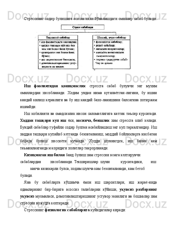 Стресснинг содир булишига асосан икки йўналишдаги омиллар сабаб булади.
 
 
Иш   фаолиятидан   қониқмаслик   стрессга   сабаб   булувчи   энг   мухим
омиллардан   хисобланади.   Ходим   ундан   нима   кутилаётган-лигини,   бу   ишни
кандай килиш кераклиги ва бу иш кандай бахо-ланишини билсагина хотиржам
ишлайди. 
Иш кобилияти ва омадсизлик инсон саломатлигига каттик таъсир курсатади.
Хаддан   ташқари   куп   иш   ёки,   аксинча,   беишлик   хам   стрессга   олиб   келади.
Бундай сабаблар туфайли содир булган асабийлашиш энг куп таркалгандир. Иш
хаддан ташқари купайиб кетганда безовталаниш, моддий бойликларга нисбатан
бефарк   булиш   хиссиёти   кучаяди.   Худди   шунингдек,   иш   билан   кам
таъминланганда юкоридаги холатлар такрорланади. 
Кизиқмаган иш билан  банд булиш хам стрессни юзага келтирувчи 
сабаблардан  хисобланади. Текширишлар  шуни  курсатадики,  иш 
канча кизикарли булса, ходим шунча кам безовталанади, кам бетоб 
булади. 
Яна   бу   сабабларга   кўшимча   ёмон   иш   шароитлари,   иш   жараё-нида
одамларнинг   бир-бирига   асоссиз   талабларни   кўйиши,   уқувсиз   рахбарнинг
уқувсиз   муомаласи, демотивлаштиришнинг устувор эканлиги ва бошкалар хам
стрессни вужудга келтиради. 
Стресснинг  физиалогик сабабларига  куйидагилар киради: 
    