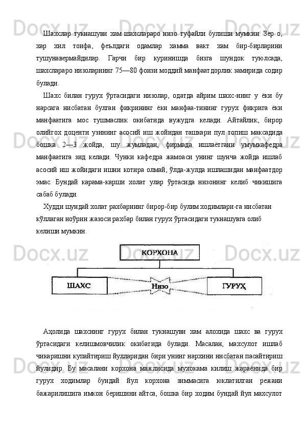 Шахслар   тукнашуви   хам   шахслараро   низо   туфайли   булиши   мумкин.   Зер   о,
хар   хил   тоифа,   феълдаги   одамлар   хамма   вакт   хам   бир-бирларини
тушунавермайдилар.   Гарчи   бир   куринишда   бизга   шундок   туюлсада,
шахслараро низоларнинг 75—80 фоизи моддий манфаатдорлик замирида содир
булади. 
Шахс   билан   гурух   ўртасидаги   низолар,   одатда   айрим   шахс-нинг   у   ёки   бу
нарсага   нисбатан   булган   фикрининг   ёки   манфаа-тининг   гурух   фикрига   ёки
манфаатига   мос   тушмаслик   окибатида   вужудга   келади.   Айтайлик,   бирор
олийгох   доценти   узининг   асосий   иш   жойидан   ташкари   пул   топиш   максадида
бошка   2—3   жойда,   шу   жумладан,   фирмада   ишлаётгани   умумкафедра
манфаатига   зид   келади.   Чунки   кафедра   жамоаси   унинг   шунча   жойда   ишлаб
асосий   иш   жойидаги   ишни   котира   олмай,   ўлда-жулда   ишлашидан   манфаатдор
эмас.   Бундай   карама-карши   холат   улар   ўртасида   низонинг   келиб   чикишига
сабаб булади. 
Худди шундай холат рахбарнинг бирор-бир булим ходимлари-га нисбатан 
кўллаган ноўрин жазоси рахбар билан гурух ўртасидаги тукнашувга олиб 
келиши мумкин. 
 
Аҳолида   шахснинг   гурух   билан   тукнашуви   хам   алохида   шахс   ва   гурух
ўртасидаги   келишмовчилик   окибатида   булади.   Масалан,   махсулот   ишлаб
чикаришни купайтириш йулларидан бири унинг нархини нисбатан пасайтириш
йулидир.   Бу   масалани   корхона   мажлисида   мухокама   килиш   жараёнида   бир
гурух   ходимлар   бундай   йул   корхона   зиммасига   юклатилган   режани
бажарилишига имкон беришини айтса, бошка бир ходим бундай йул махсулот