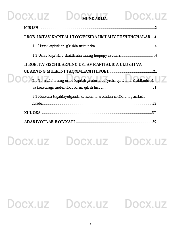 MUNDARIJA
KIRISH ....................................................................................................................2
I BOB. USTAV KAPITALI TO'G'RISIDA UMUMIY TUSHUNCHALAR....4
1.1  Ustav   kapitali   to’g’risida   tushuncha ............................................................4
1.2  Ustav   kapitalini   shakllantirishning   huquqiy   asoslari .................................14
II BOB.   TA’SISCHILARNING   USTAV   KAPITALIGA   ULUSHI  VA 
ULARNING MULKINI TAQSIMLASH HISOBI .............................................21
         2.1  Ta’sischilarning   ustav   kapitaliga   ulushi   bo’yicha   qarzlarini   shakllantirish  
va   korxonaga   mol-mulkni   kirim   qilish   hisobi .................................................21
2.2  Korxona   tugatilayotganda   korxona   ta’sischilari   mulkini   taqsimlash  
hisobi ...............................................................................................................32
XULOSA ...............................................................................................................37
ADABIYOTLAR RO'YXATI .............................................................................39
1 