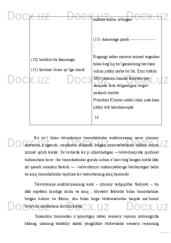  
 
 
 
(10) boshlovchi kameraga 
(11) kiritma–Josus qo’lga olindi  million dollor orttirgan. 
 
(15)- kameraga qarab ------------------
- 
Bugungi xabar maxsus xizmat organlari
bilan bog’liq bo’lganlarning barchasi 
uchun jiddiy zarba bo’ldi. Eyiz tufayli 
SRU jamoasi hamda faoliyati qay 
darajada fosh etilganligini tergov 
yashirib turibdi. 
Prezident Klinton ushbu ishni juda ham 
jiddiy deb baxolamoqda. 
  16 
 
Bu   yo`l   bilan   televideniye   tomoshabinlar   auditoriyasini   zarur   ijtimoiy
sharoitini   o’rganish,   miqdorini   ulchamli   bulgan   munosabatlarini   tiklash   uchun
xizmat   qilish   kerak.   So’rovlarda   ko`p   ishlatiladigan   ―televideniyeda   qurilma‖
tushunchasi biror –bir tomoshabinlar guruhi uchun o’zaro bog’langan holda ikki
xil   qarash   mumkin: kutish   ―   –televideniye   imkoniyatlariga   berilayotgan   baho	
‖
va aniq tomoshabinlar tajribasi ko’rsatuvlarning aniq baxosidir . 
Televideniya   auditoriyasining   anik   –   ijtimoiy   tadqiqotlar   faoliyati   –   bu
ikki   aspektni   hisobga   olishi   va   aniq   ,   obyektiv   faktorlar   bilan   tomoshabilar
bergan   bohosi   va   fikrini,   shu   bilan   birga   telekursatuvlar   haqida   ma’lumot
beruvchi manbalarni kiritish kerak . 
Suxandon   tomonidan   o’qilayotgan   xabar   ssenariy   rejasini   xotirangizda
tiklang,   ularning   tashkiliy   shakli   yangiliklar   telelavxalar   ssenariy   rejasining
  