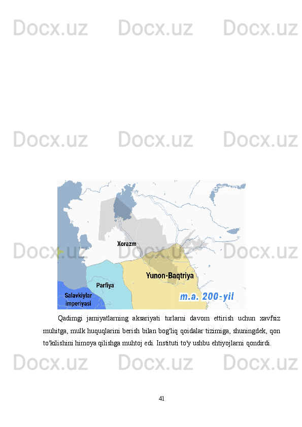 Qadimgi   jamiyatlarning   aksariyati   turlarni   davom   ettirish   uchun   xavfsiz
muhitga, mulk huquqlarini berish bilan bog'liq qoidalar tizimiga, shuningdek, qon
to'kilishini himoya qilishga muhtoj edi. Instituti   to'y   ushbu ehtiyojlarni qondirdi.
41 