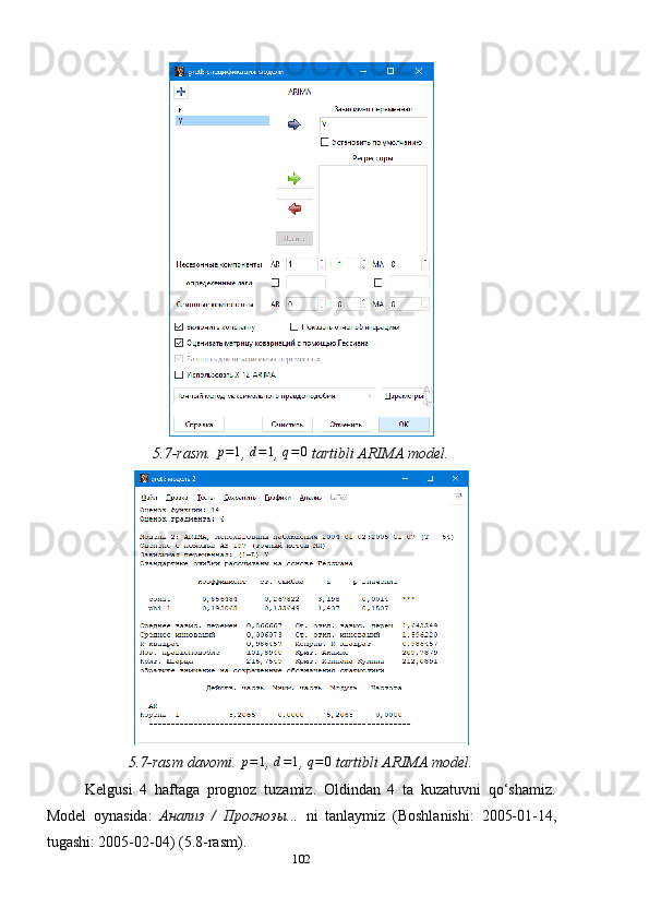 5.7-rasm. p=1 , 	d=1 , 	q=0  tartibli ARIMA model.
5.7-rasm davomi. 	
p=1 , 	d=1 , 	q=0  tartibli ARIMA model.
Kelgusi   4   haftaga   prognoz   tuzamiz.   Oldindan   4   ta   kuzatuvni   qo‘shamiz.
Model   oynasida:   Анализ   /   Прогнозы...   ni   tanlaymiz   ( Boshlanishi:   2005-01-14,
tugashi: 2005-02-04 )  (5.8-rasm). 
102 