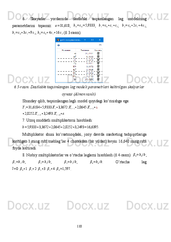 6.   Skayarlar   yordamida   dastlabki   taqsimlangan   lag   modelining
parametrlarini   topamiz:   a = 31,618
;  b0=	c0=5,9333 ;   b
1 = c
0 + c
1 + c
2 ;  	b2=	c0+2c1+4c2 ;
b
3 = c
0 + 3 c
1 + 9 c
2 ; 	
b4=	c0+4c1+16	c2  (6.3-rasm).
6.3-rasm. Dastlabki taqsimlangan lag modeli parametrlari keltirilgan skalyarlar
oynasi (Almon usuli).
Shunday qilib, taqsimlangan lagli model quyidagi ko ‘ rinishga ega:	
Yt=31,6184	+5,9333	Xt+3,3672	Xt−1+2,0645	Xt−2+¿
+ 2,0252 X
t − 3 + 3,2493 X
t − 4 + ε .
7. Uzoq muddatli multiplikatorni hisoblash:
b = 5,9333 + 3,3672 + 2,0645 + 2,0252 + 3,2493 = 16,6395.
Multiplikator   shuni   ko ‘ rsatmoqdaki,   joriy   davrda   marketing   tadqiqotlariga
kiritilgan 1 ming rubl mablag ‘ lar 4 chorakdan (bir yildan) keyin 16,640 ming rubl
foyda keltiradi.
8. Nisbiy multiplikatorlar va o ‘ rtacha laglarni hisoblash (6.4-rasm): 	
β0=	b0/b ;	
β1=b1/b
;  	β2=	b2/b ;  	β3=b3/b ;  	β4=	b4/b .   O’rtacha   lag	
l=0∙β0+1∙β1+2∙β2+3∙β3+4∙β4=1,597
.
110 